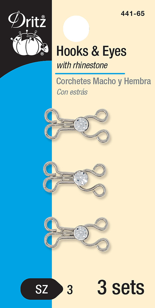 Dritz Hooks & Eyes W/Clear Rhinestones Size 3 3/Pkg-Nickel