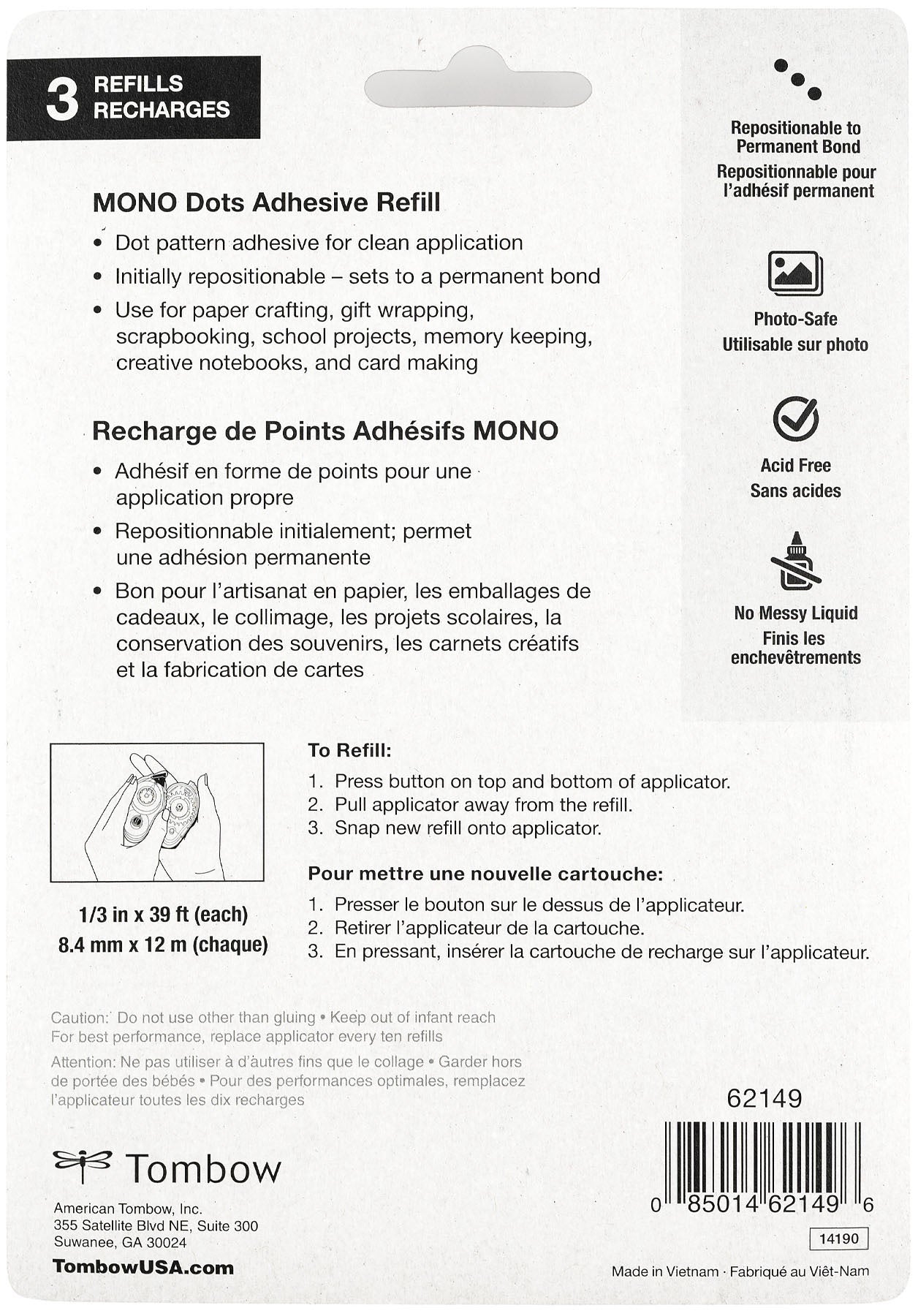 Mono Adhesive Dots Refill Permanent Value Pack 3/Pkg-.33"X39' Each, For Use In 62147