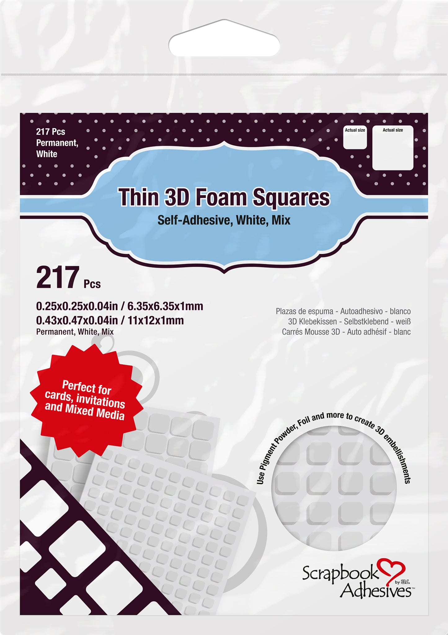 Scrapbook Adhesives Thin 3D Adhesive Foam Squares 217/Pkg- (63) .43"X.47" & (154) .25"X.25"