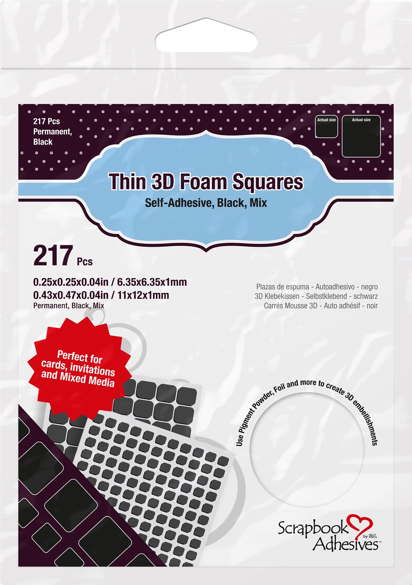 Scrapbook Adhesives Thin 3D Adhesive Foam Squares 217/Pkg- (63) .43"X.47" & (154) .25"X.25"