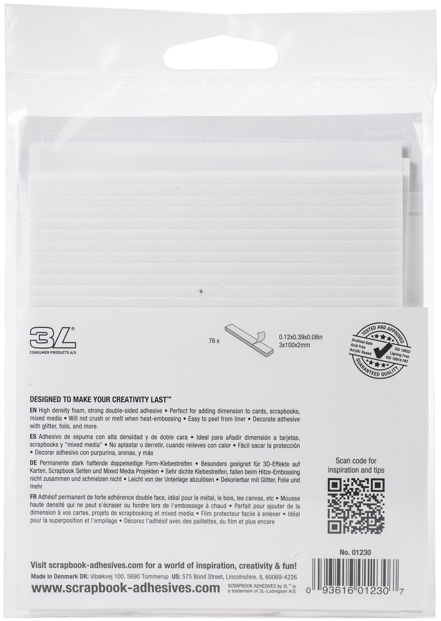 Scrapbook Adhesives 3D Foam Strips 76/Pkg-White, 0.12"X3.93"X0.08"