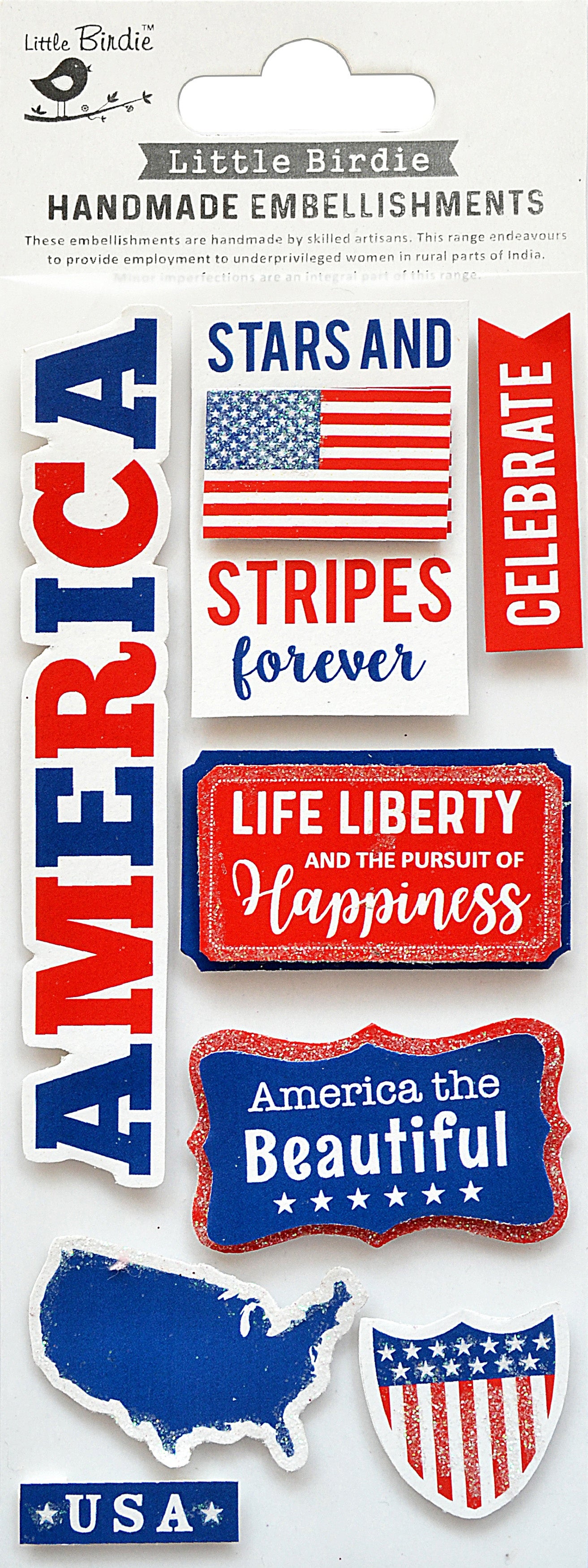 Little Birdie Sticker Embellishment 8/Pkg-Happy Fourth of July