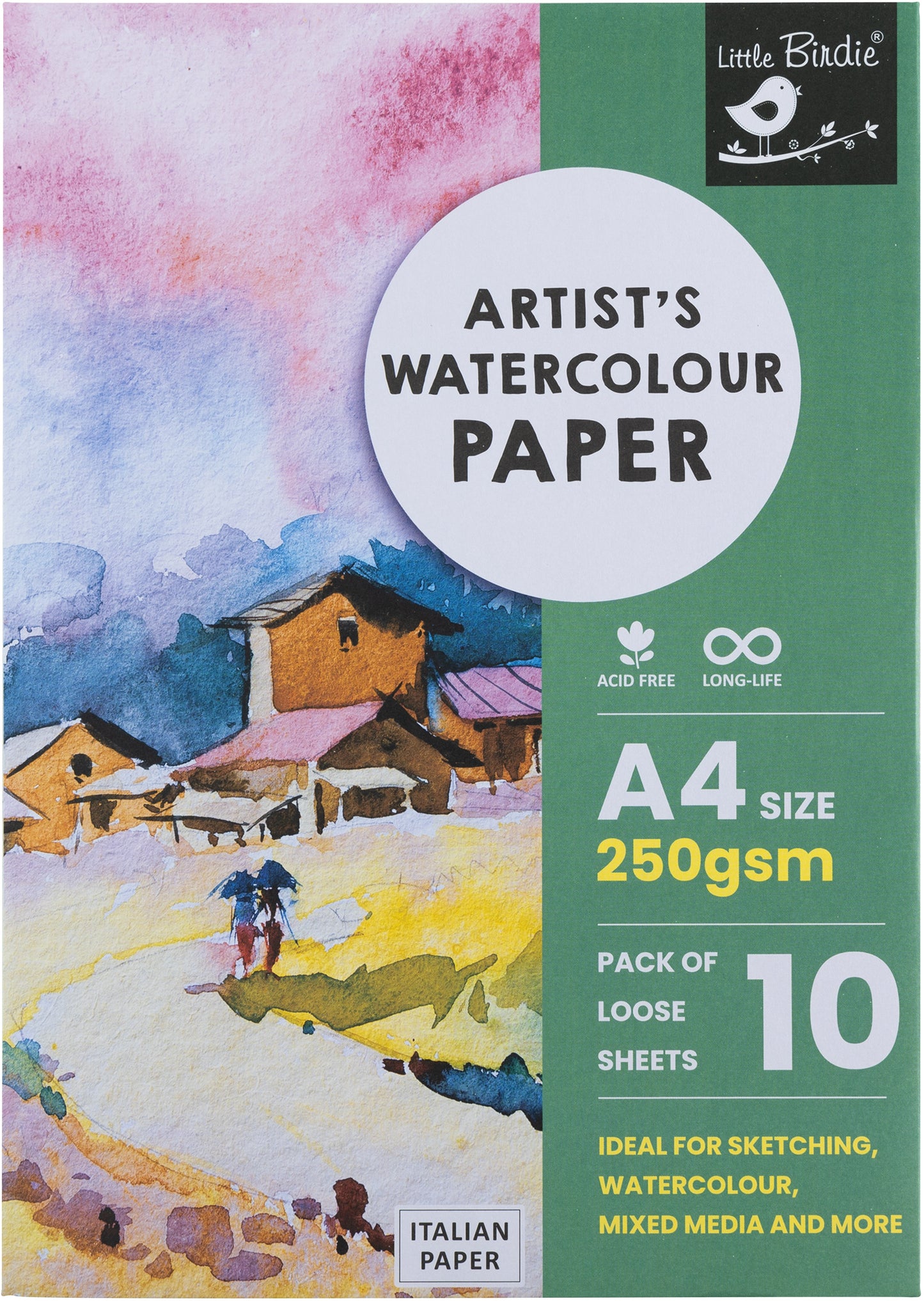 Little Birdie Artist's Watercolour A4 Paper 250gsm-10 Sheets