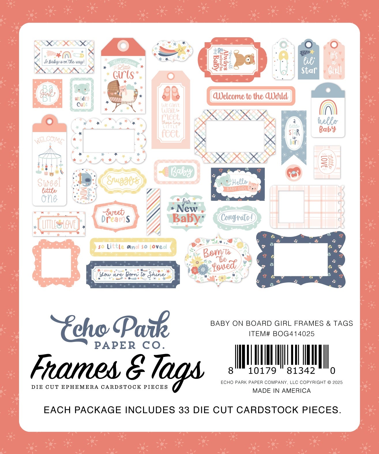 Echo Park Ephemera-Frames & Tags, Baby On Board Girl