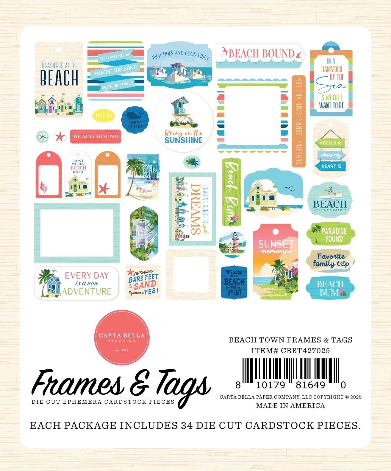 Carta Bella Ephemera-Frames & Tags, Beach Town