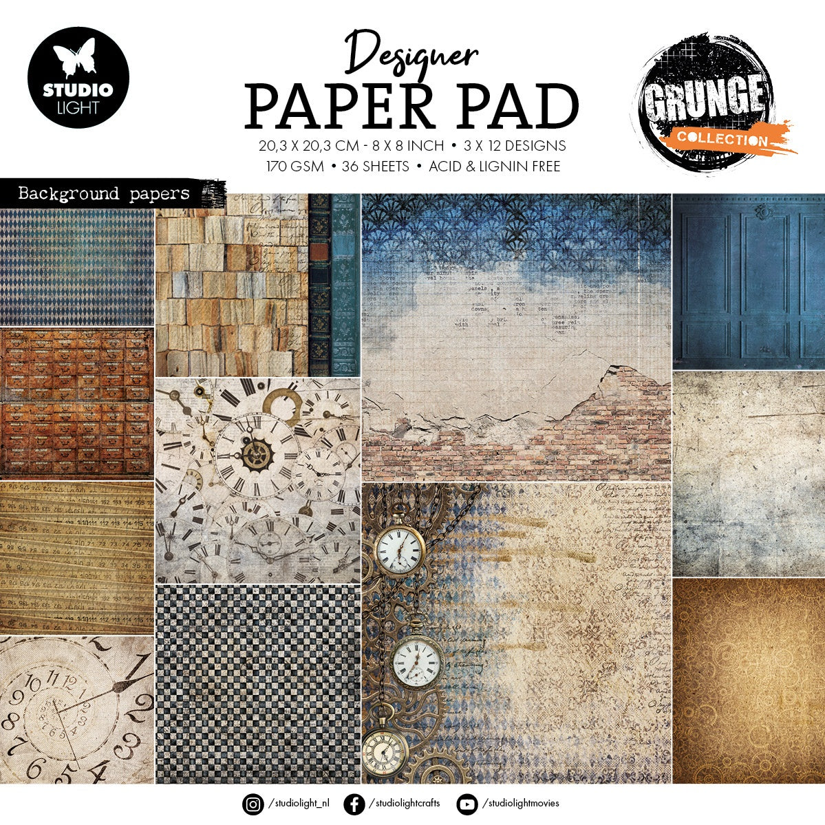 Studio Light Grunge Paper Pad 8"X8" 36/Pkg-Nr. 313, Backgrounds