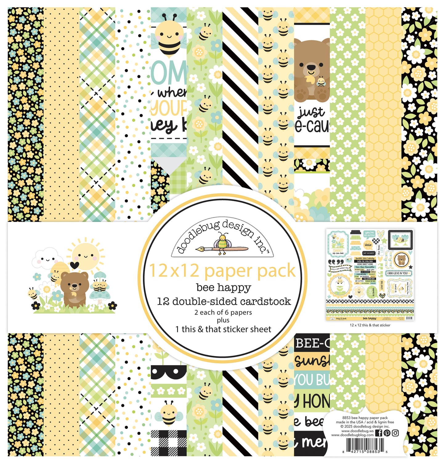 Doodlebug Double-Sided Paper Pack 12"X12" 12/Pkg-Bee Happy