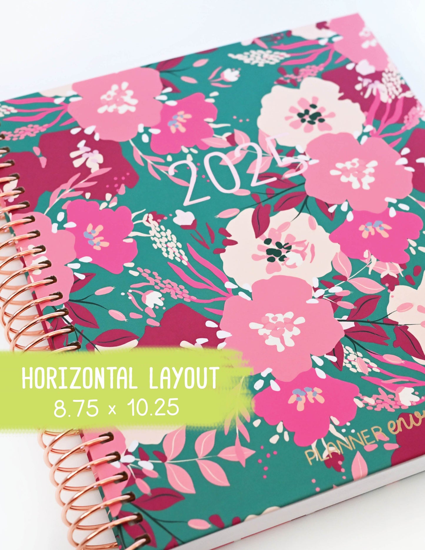 2025 Planner - Horizontal Layout, Spiral Bound - "Teal & Pink Floral" (#105)