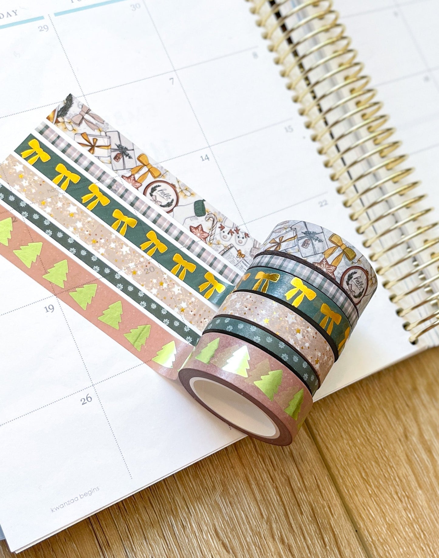 FOILED Christmas Gold & Green Modern Holidays Washi Tape Set (#W072)