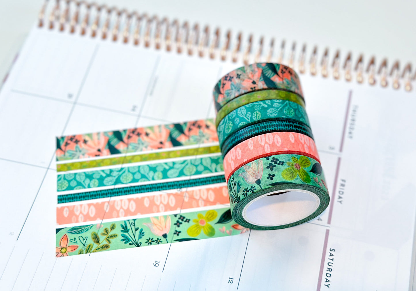 Spring Floral Blue and Green Whimsical Washi Tape Set - W044