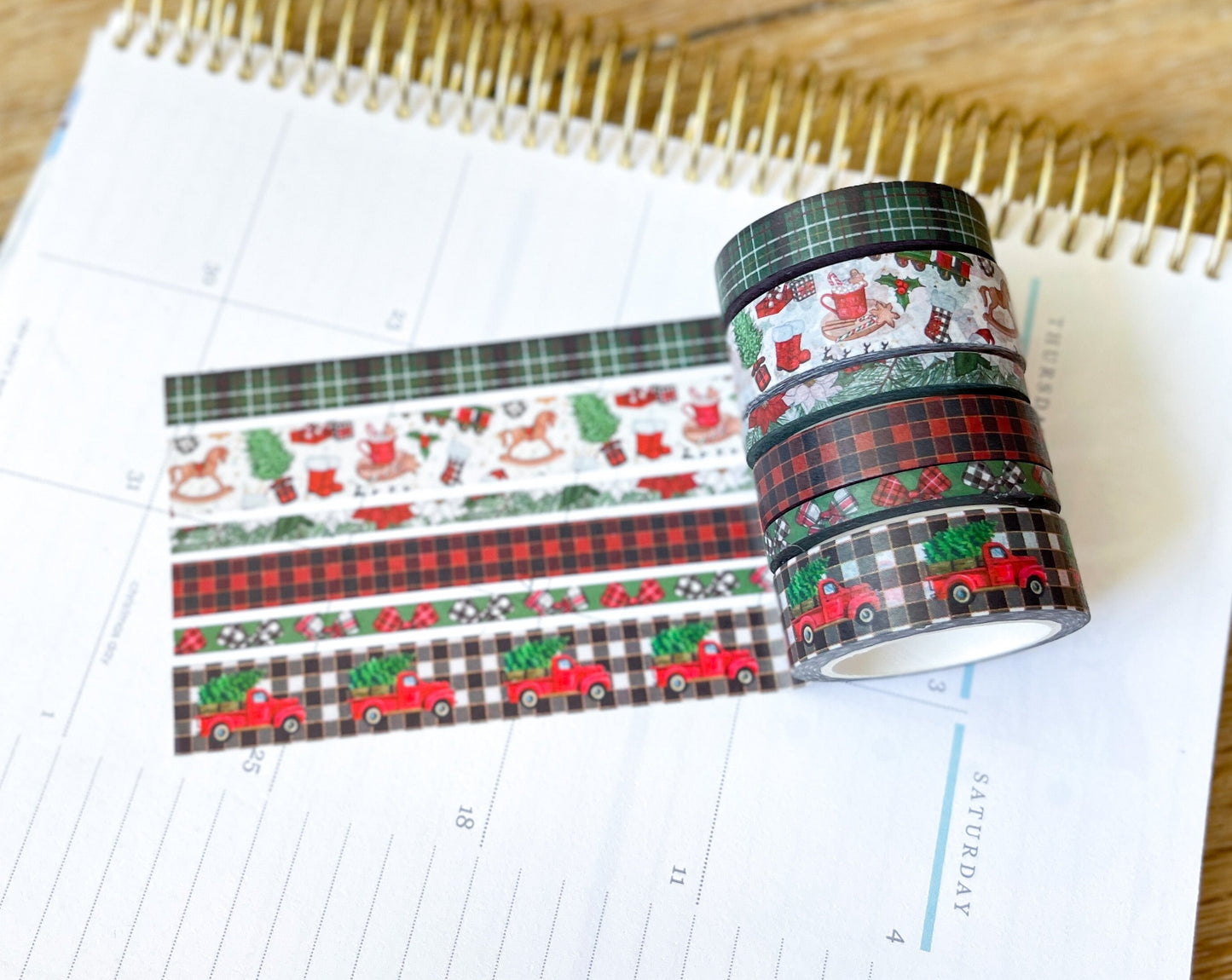 Christmas Rustic Red Truck Buffalo Plaid Green & Red Holiday Washi Tape Set (#W073)