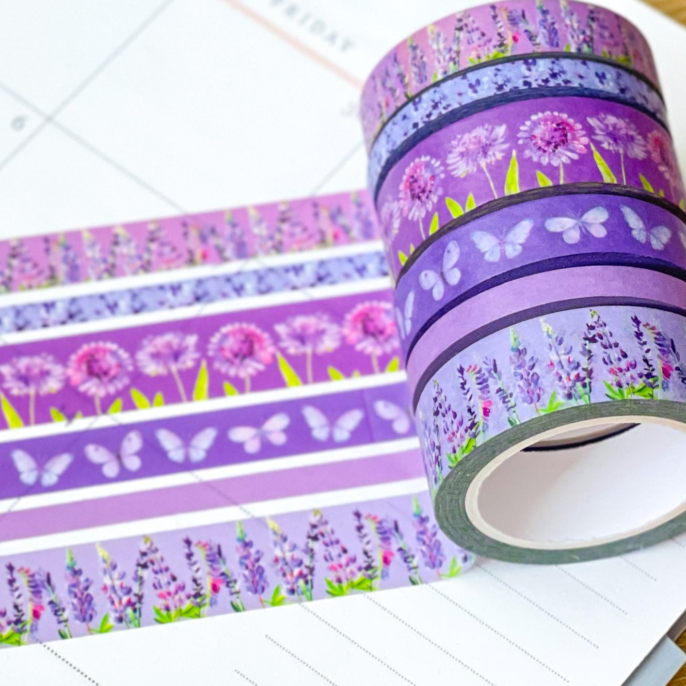 Lavender & Lilac Floral Purple Butterflies Spring Washi Tape Set (#W057)