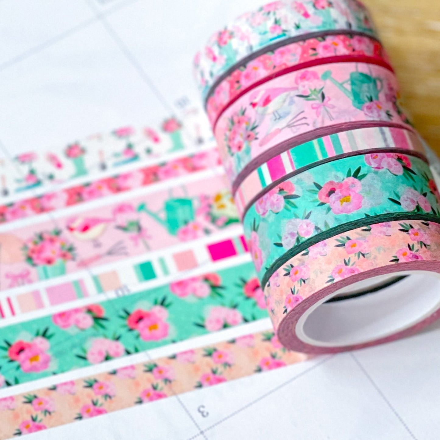 Pink & Teal Flowers Spring & Summer Washi Tape Set (#W058)