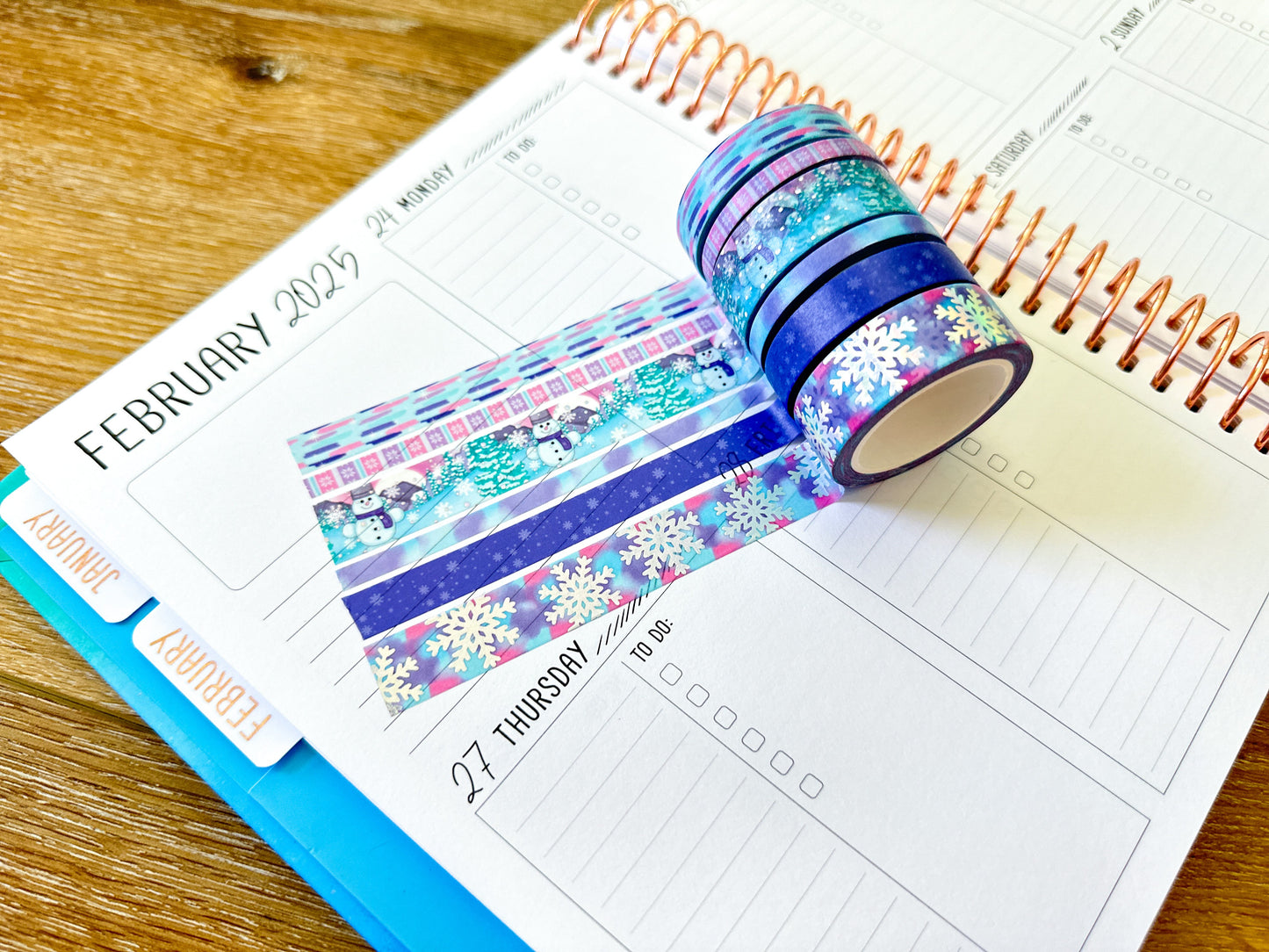 FOILED Silver Snowflakes Snowman Snowmen Snow Pink Purple Blue Washi Tape Set February 2025 - W126