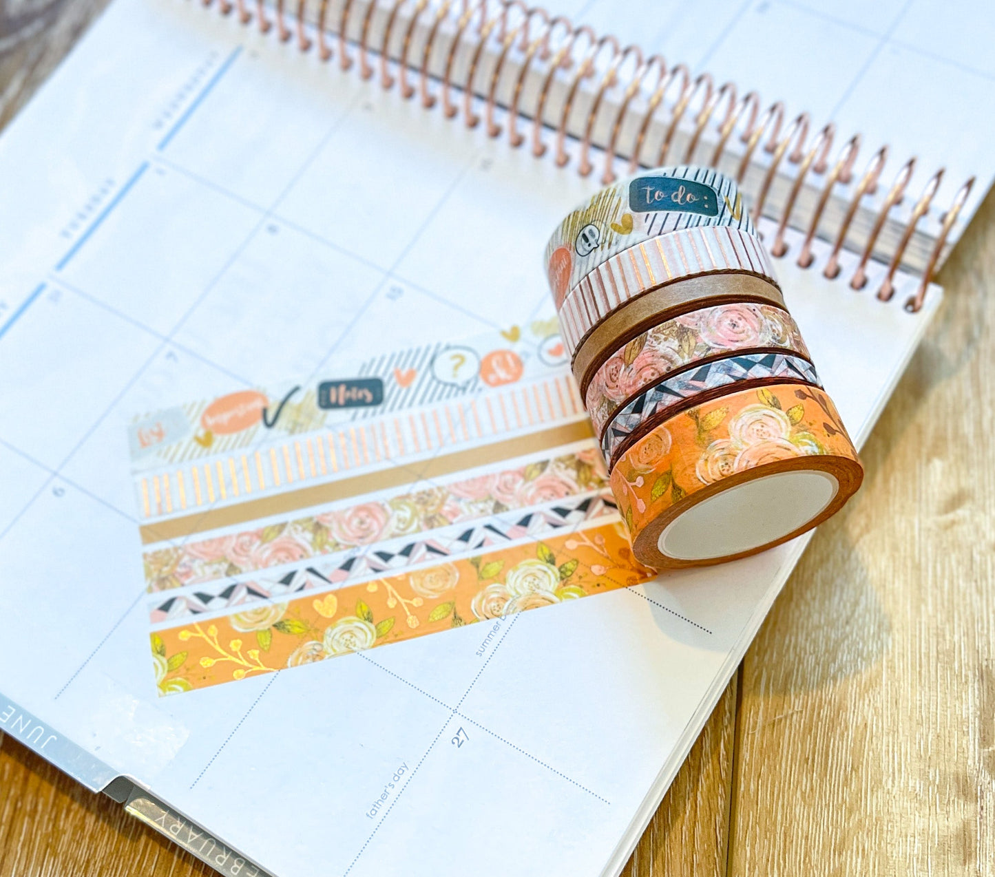FOILED Peach Floral & Rose Gold Stripes Washi Tape Set (#W060)