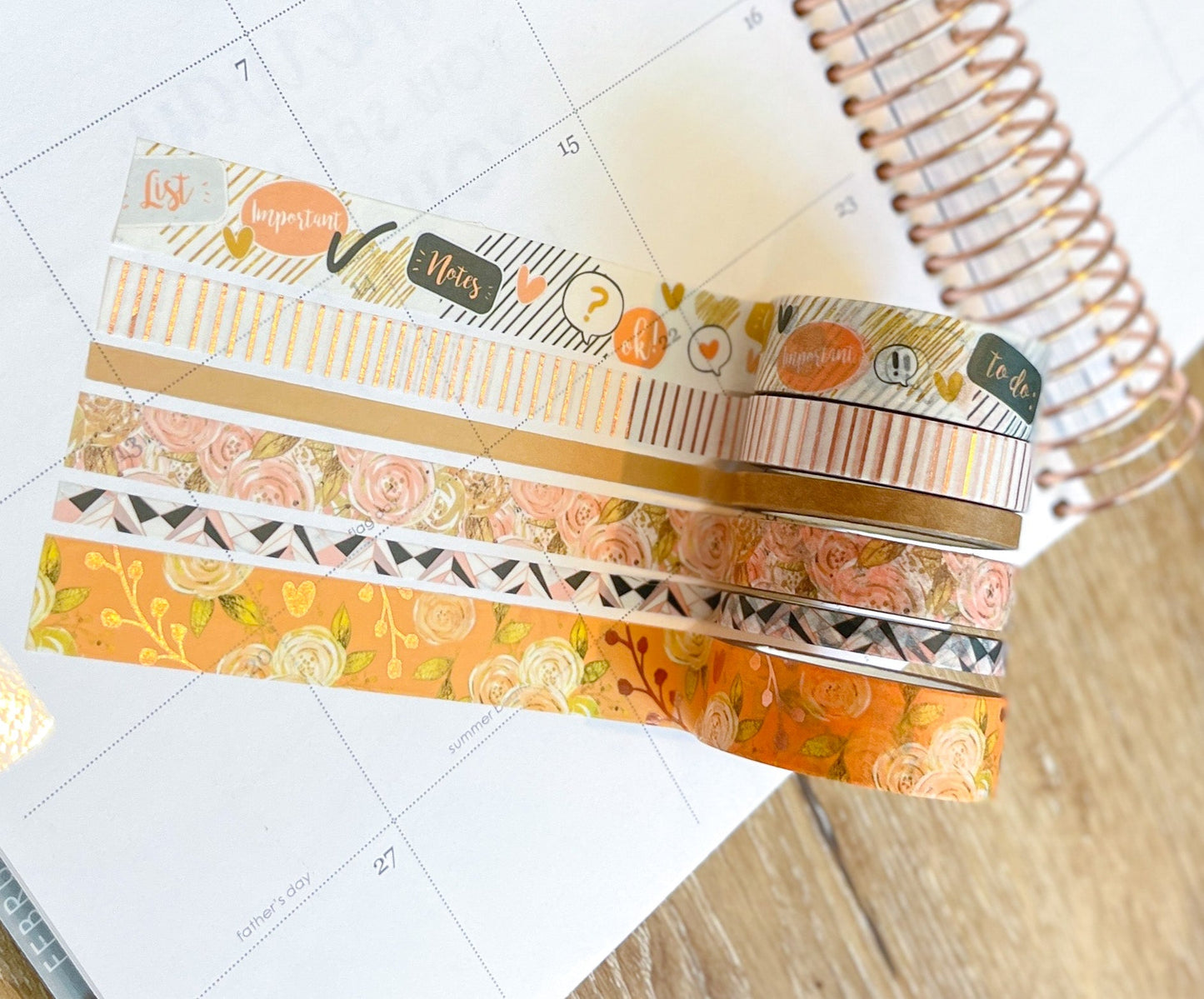 FOILED Peach Floral & Rose Gold Stripes Washi Tape Set (#W060)