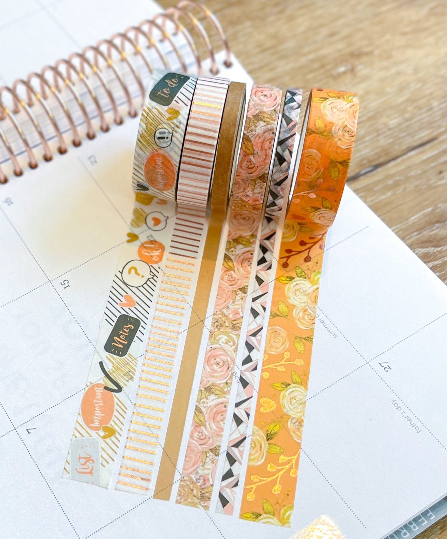 FOILED Peach Floral & Rose Gold Stripes Washi Tape Set (#W060)