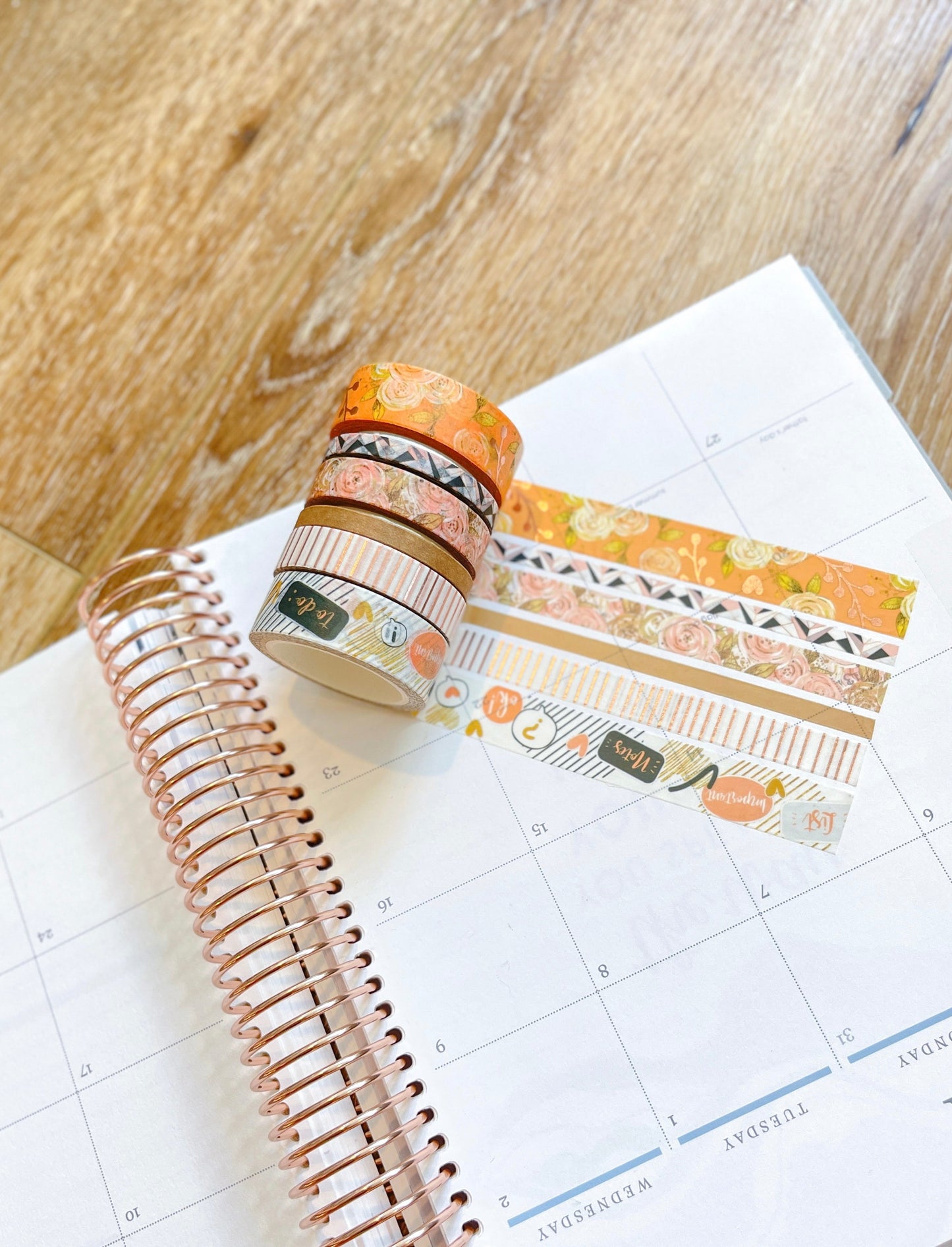 FOILED Peach Floral & Rose Gold Stripes Washi Tape Set (#W060)