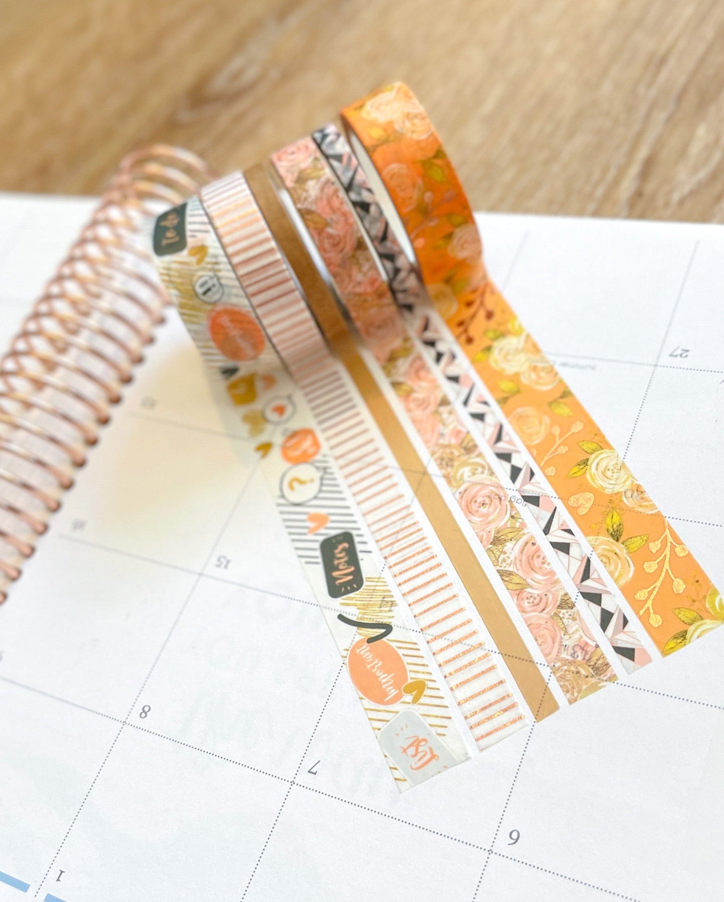 FOILED Peach Floral & Rose Gold Stripes Washi Tape Set (#W060)