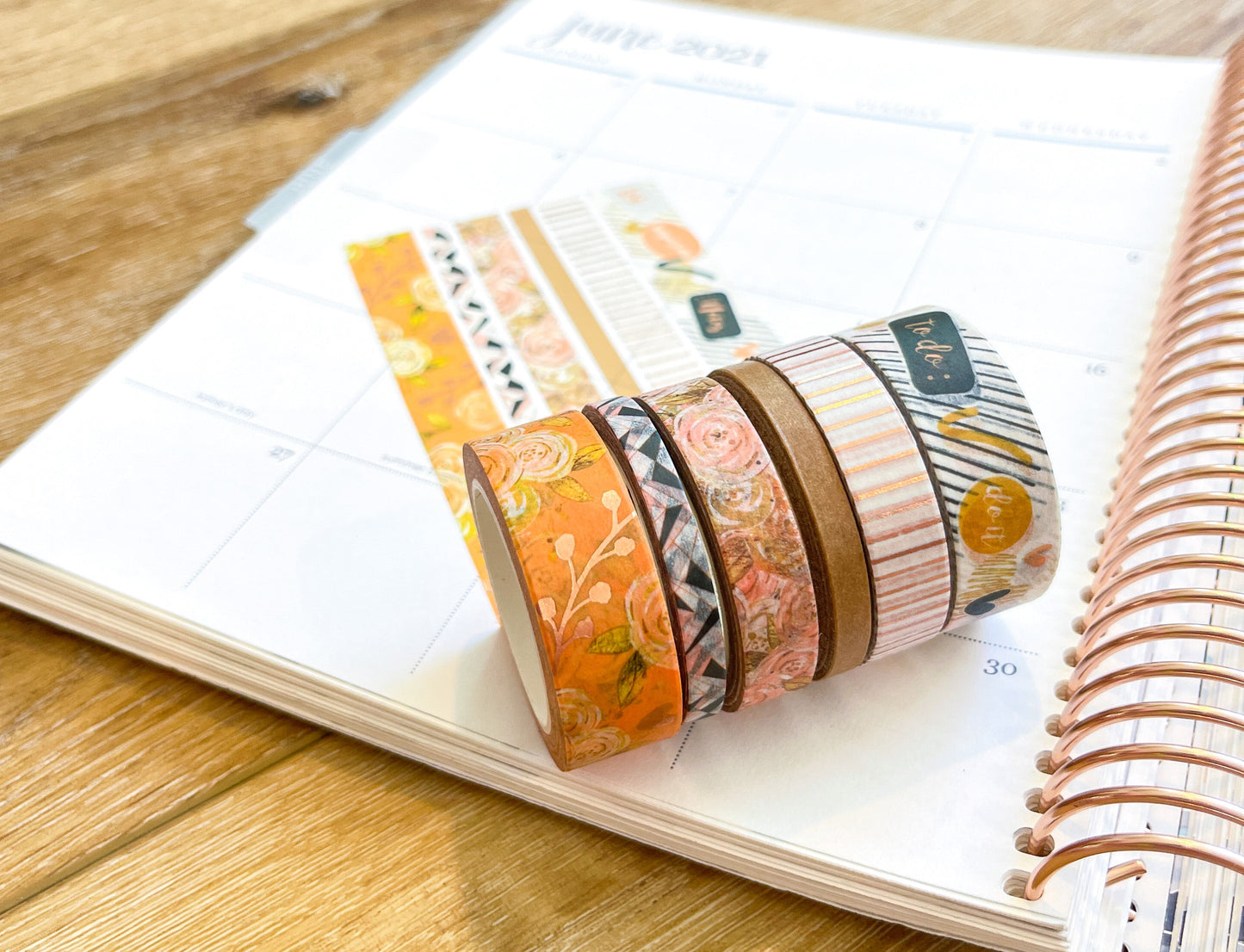 FOILED Peach Floral & Rose Gold Stripes Washi Tape Set (#W060)