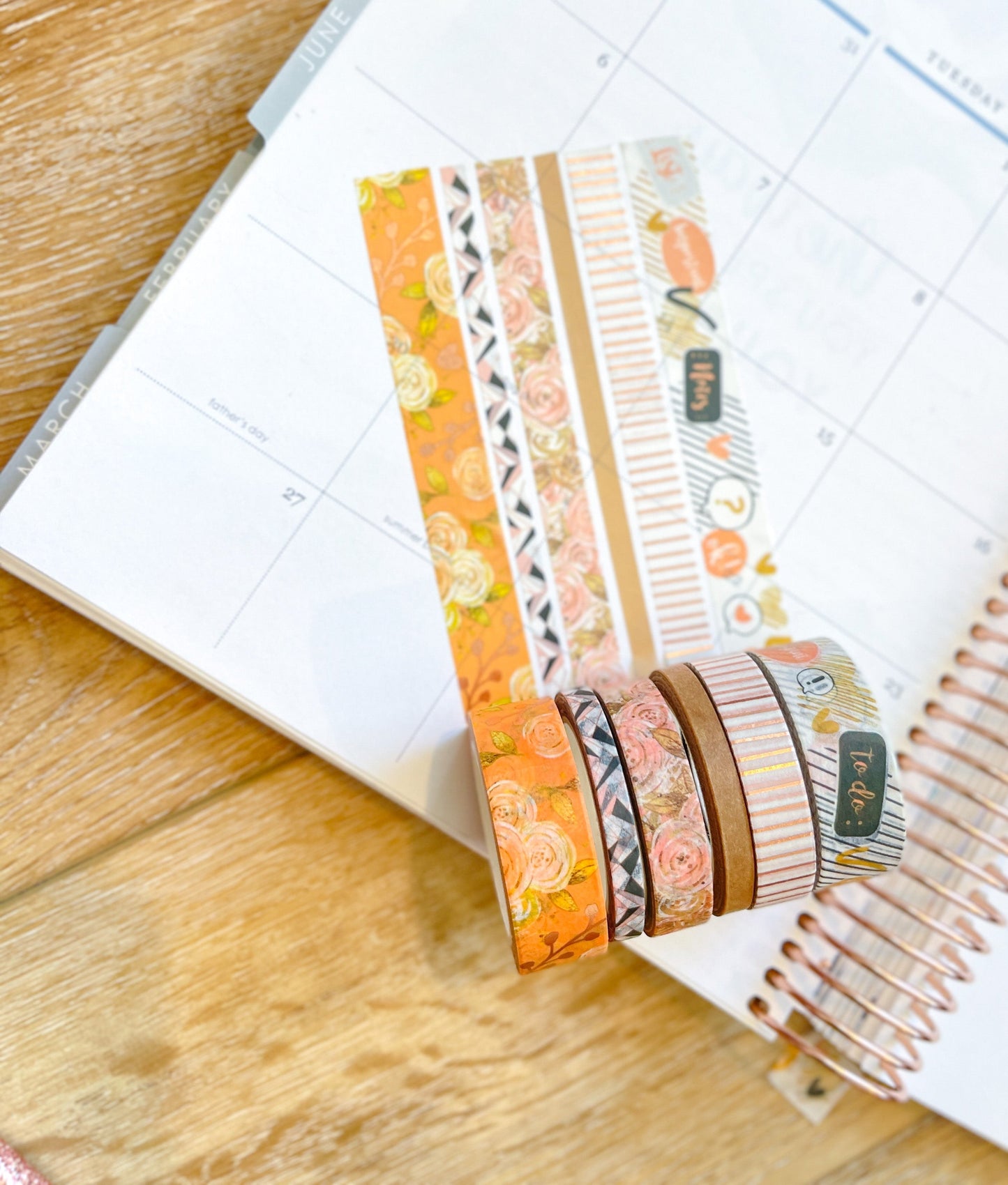 FOILED Peach Floral & Rose Gold Stripes Washi Tape Set (#W060)