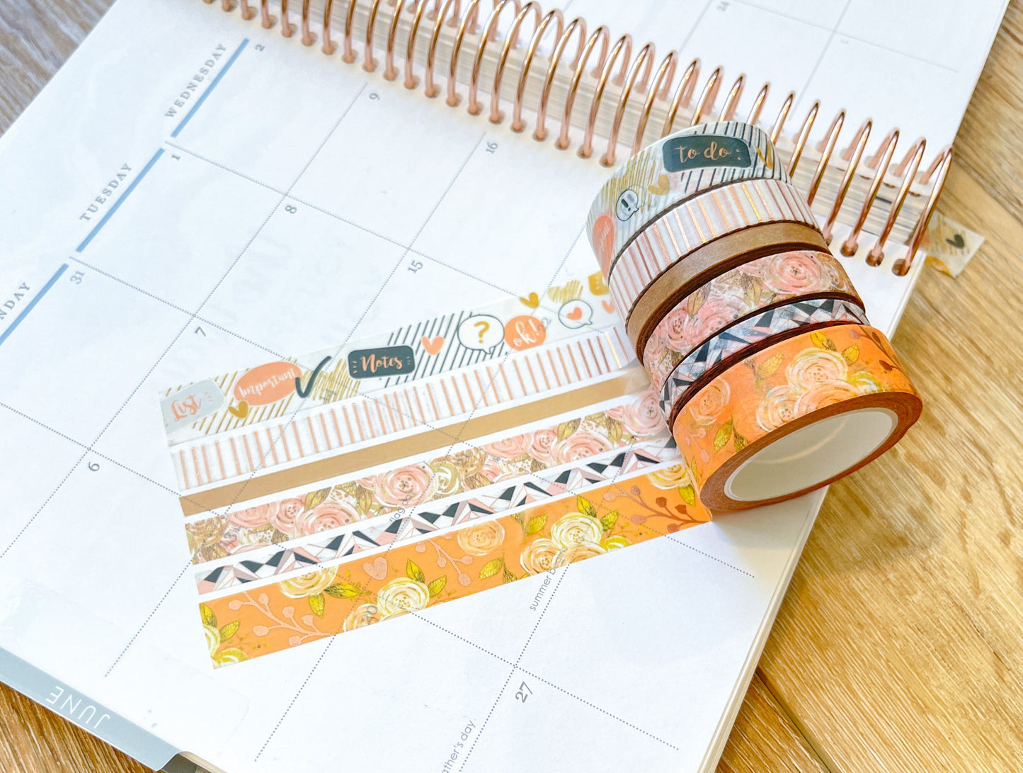 FOILED Peach Floral & Rose Gold Stripes Washi Tape Set (#W060)