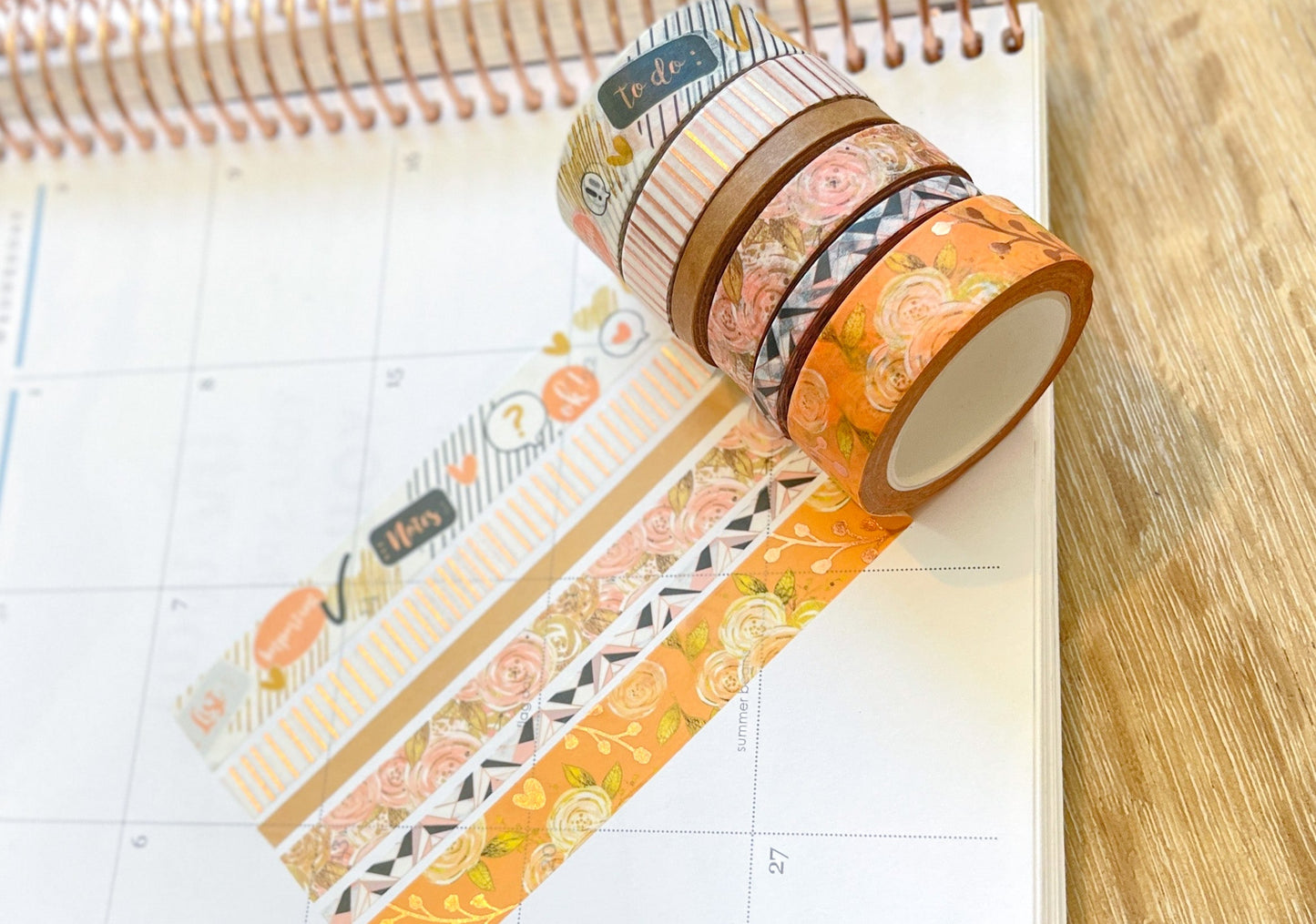 FOILED Peach Floral & Rose Gold Stripes Washi Tape Set (#W060)