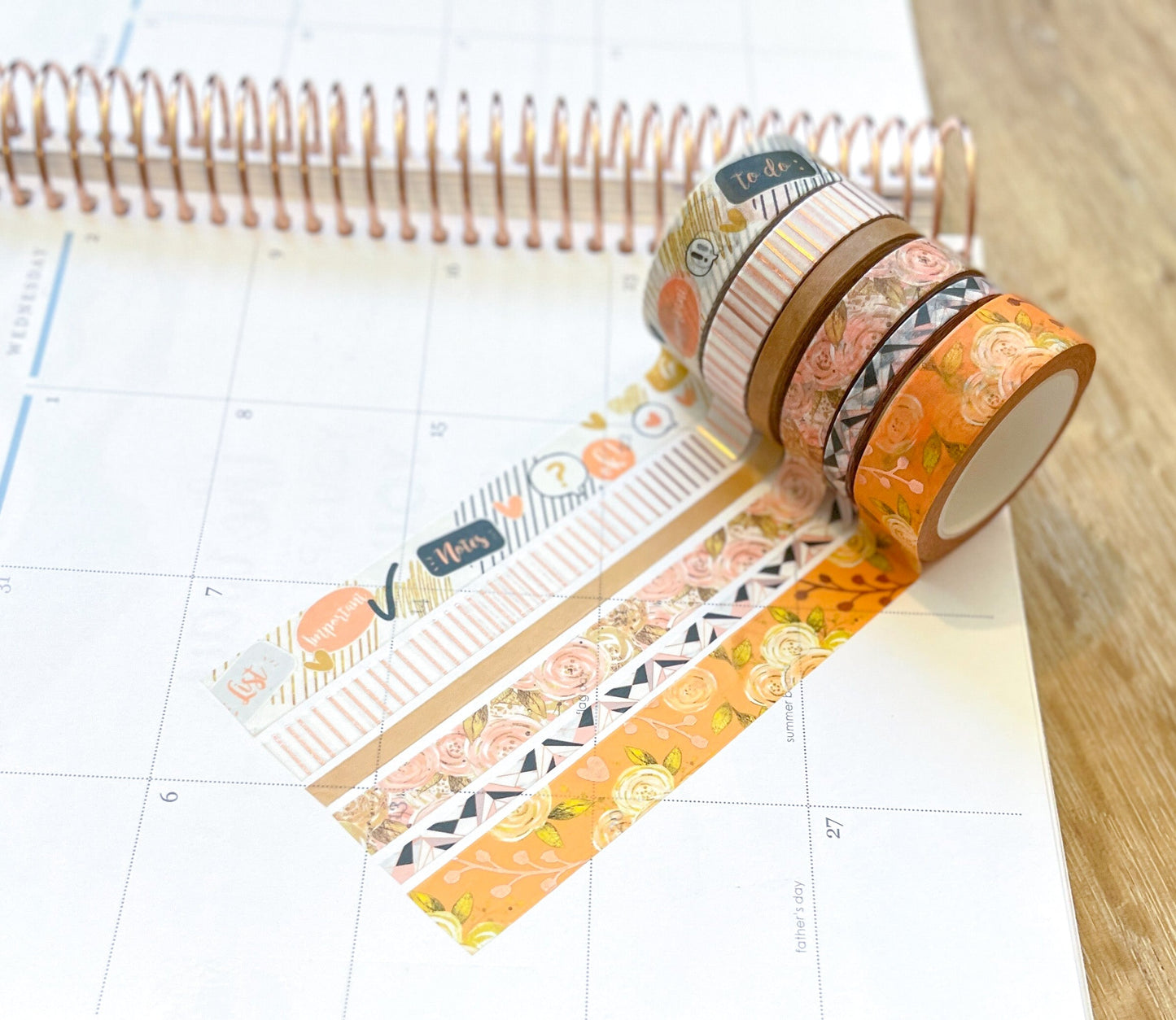 FOILED Peach Floral & Rose Gold Stripes Washi Tape Set (#W060)