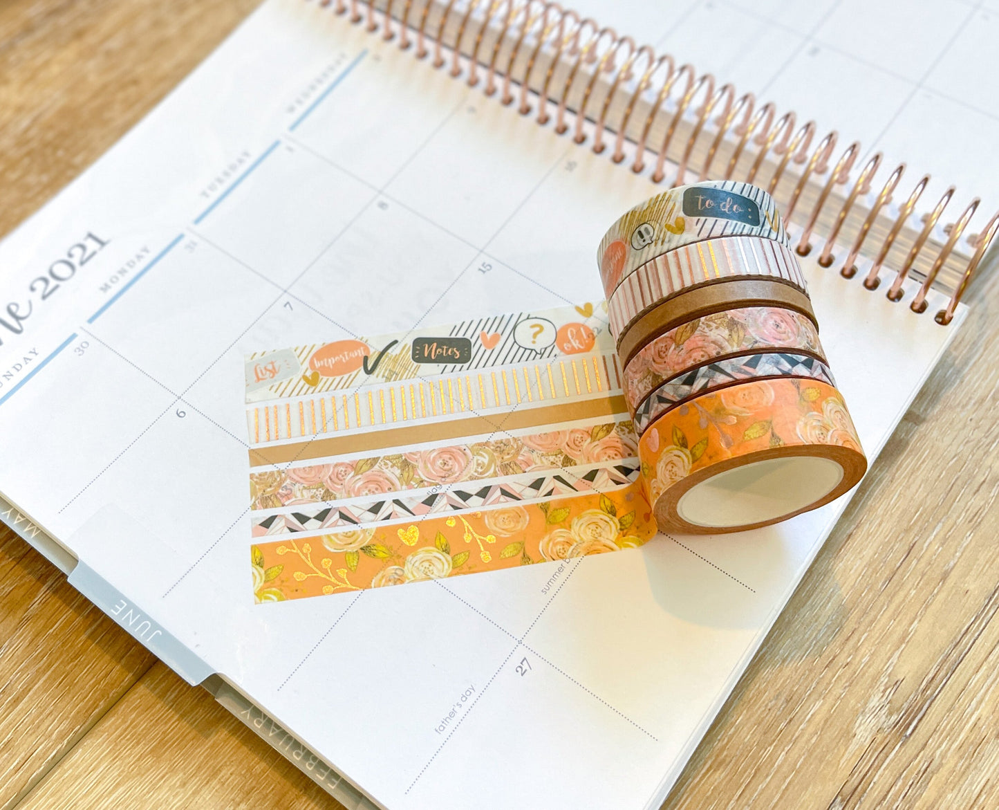 FOILED Peach Floral & Rose Gold Stripes Washi Tape Set (#W060)