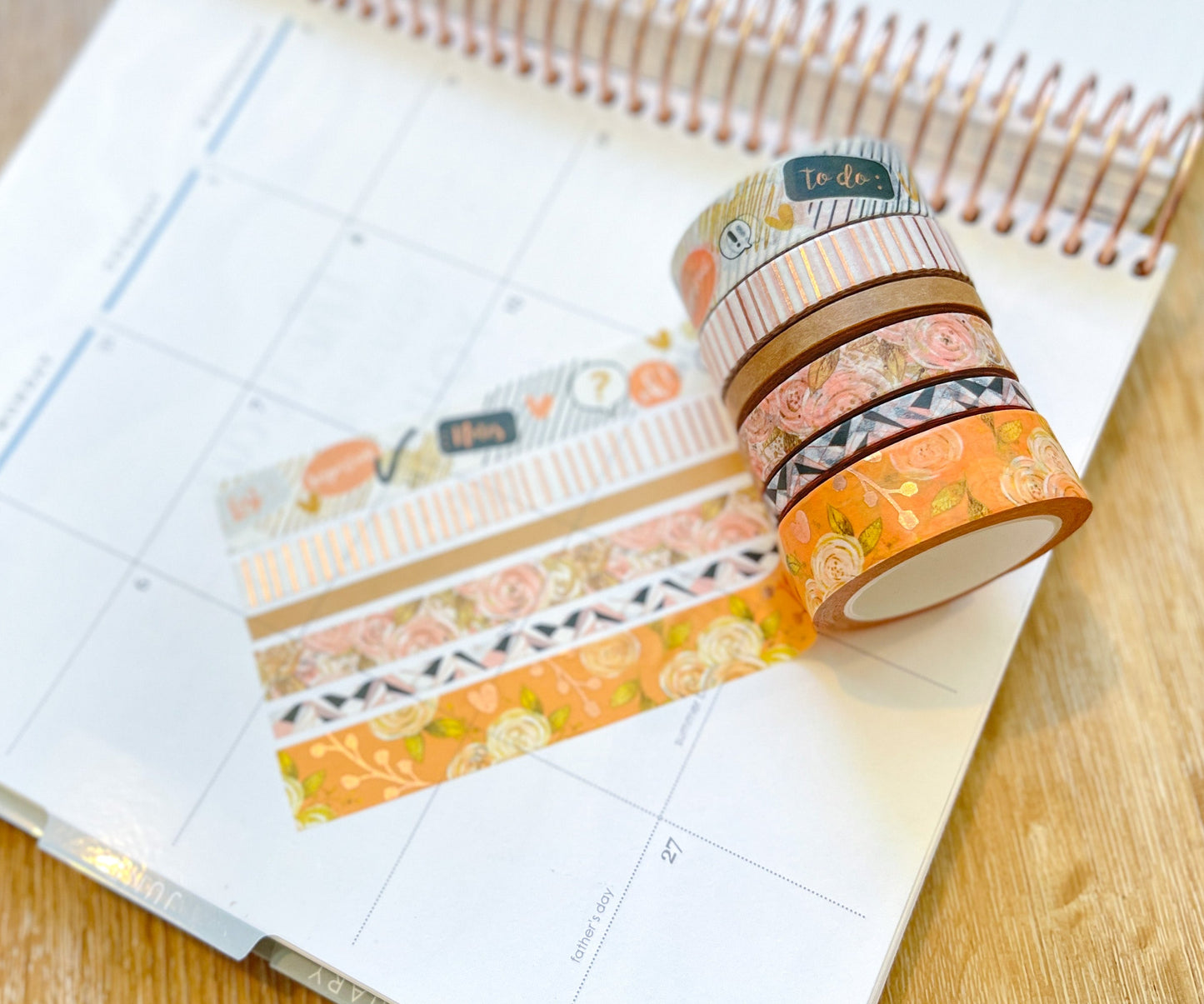 FOILED Peach Floral & Rose Gold Stripes Washi Tape Set (#W060)