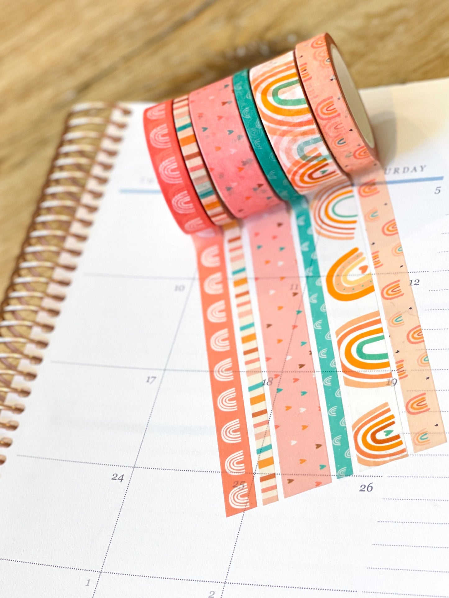 Boho Rainbows Peach Summer Pink Hearts Stripes Washi Tape Set (#W059)