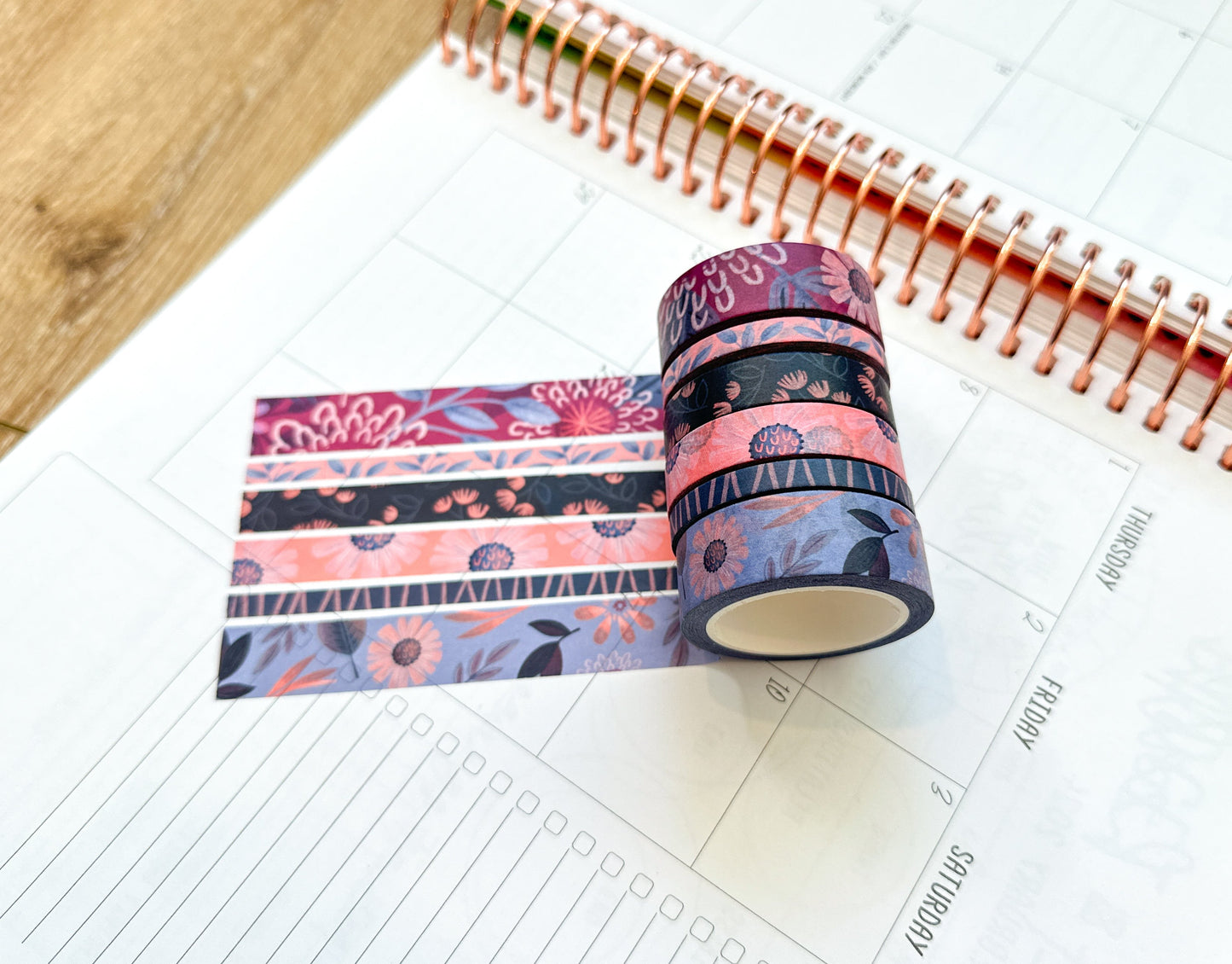 Periwinkle Pink Navy Coral Floral Modern Flowers Washi Tape Set February 2024 - W101