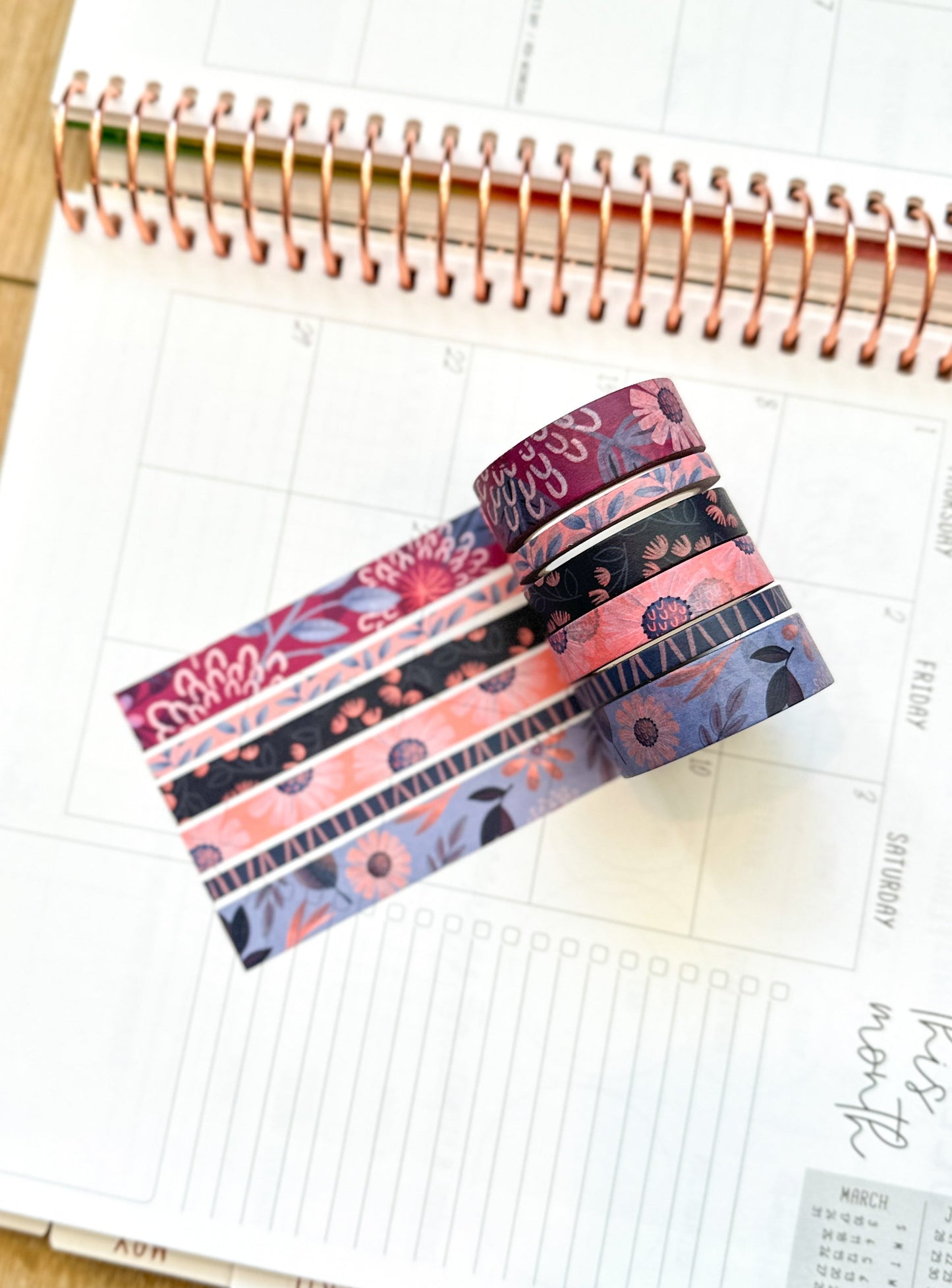 Periwinkle Pink Navy Coral Floral Modern Flowers Washi Tape Set February 2024 - W101