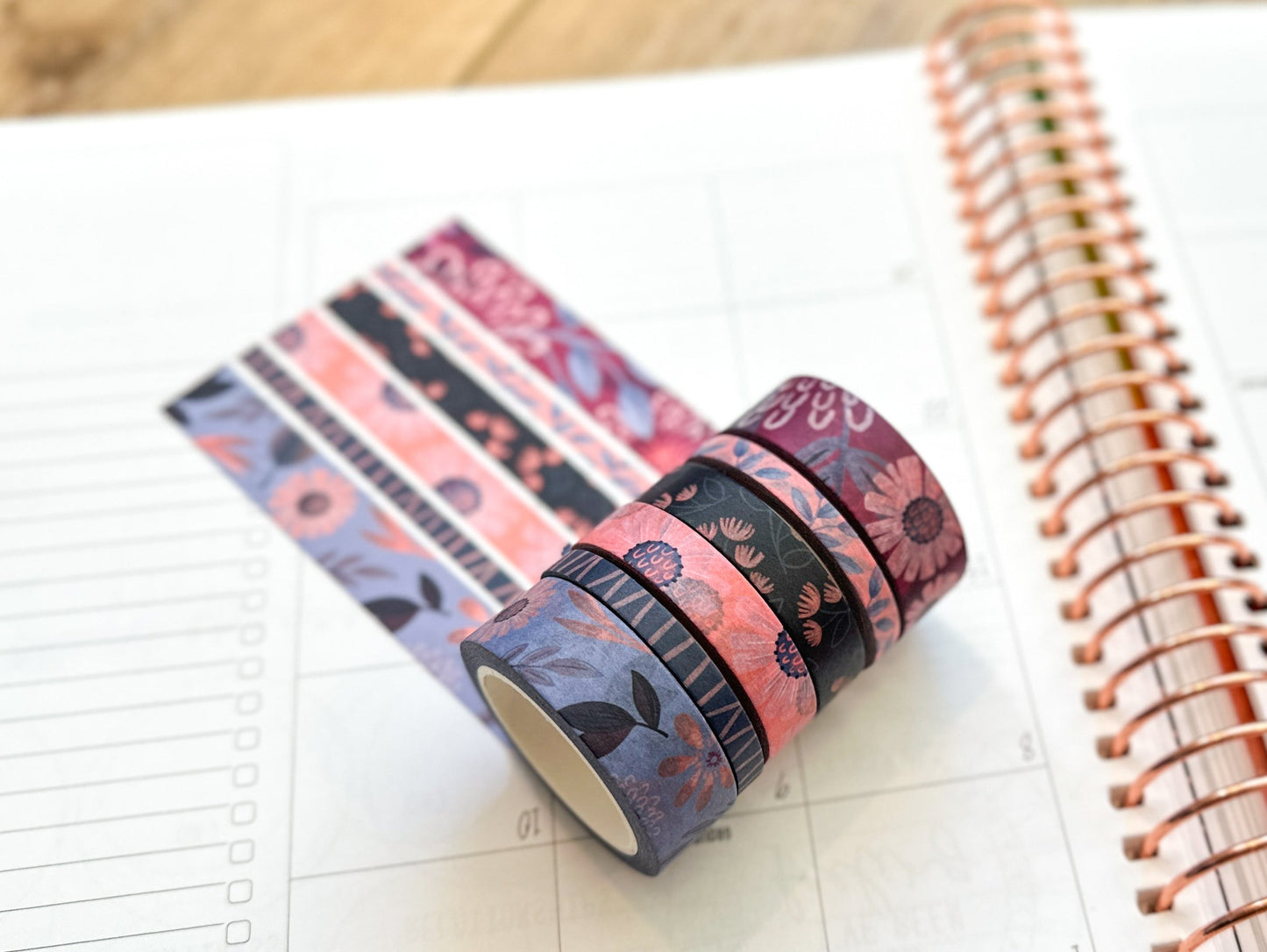Periwinkle Pink Navy Coral Floral Modern Flowers Washi Tape Set February 2024 - W101