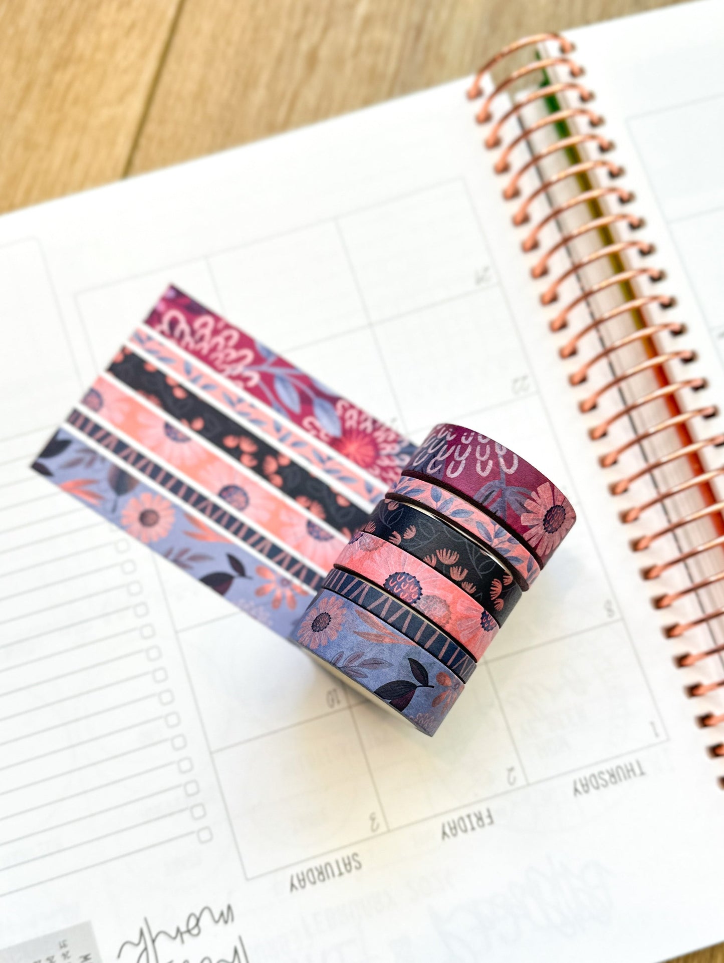 Periwinkle Pink Navy Coral Floral Modern Flowers Washi Tape Set February 2024 - W101