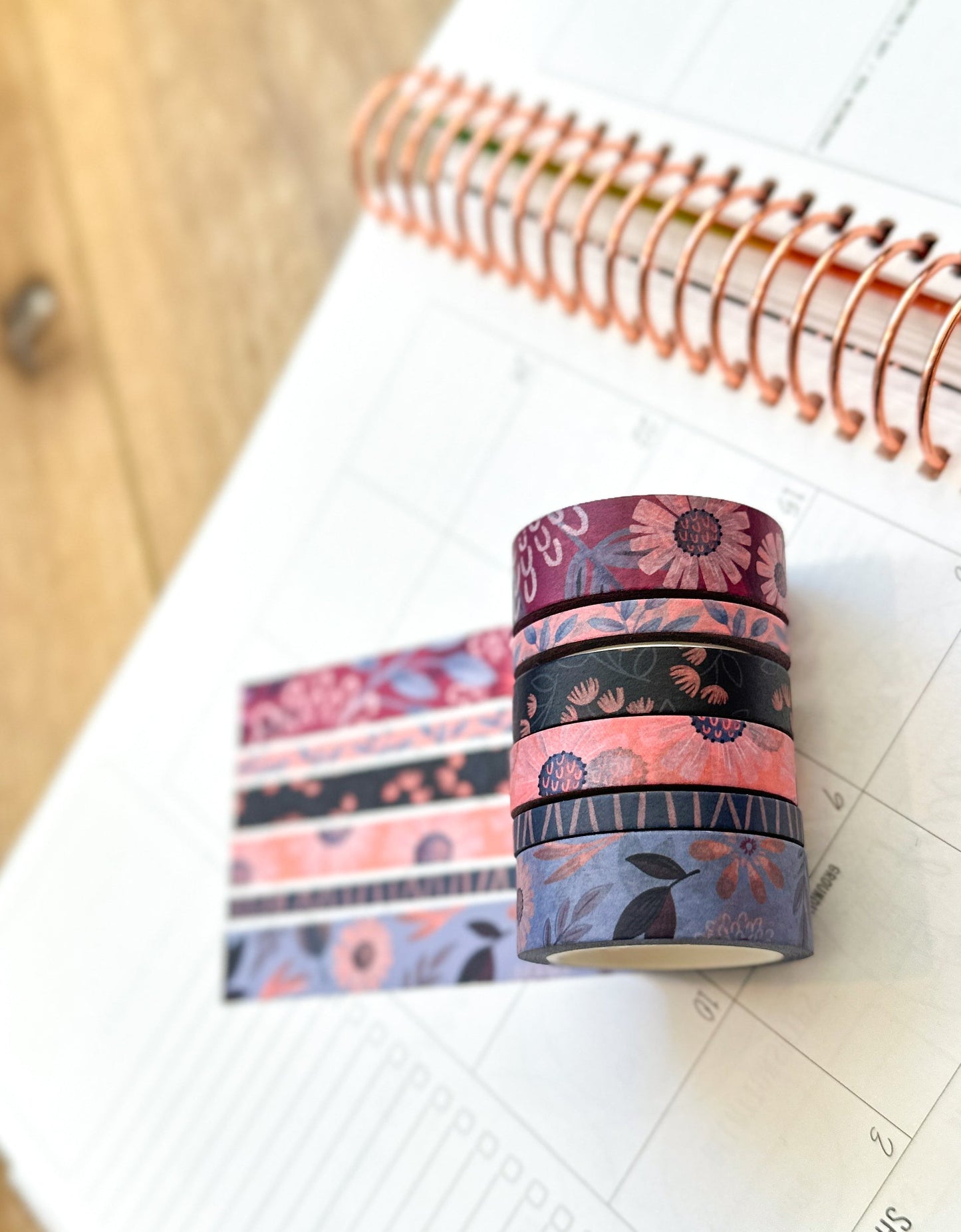 Periwinkle Pink Navy Coral Floral Modern Flowers Washi Tape Set February 2024 - W101