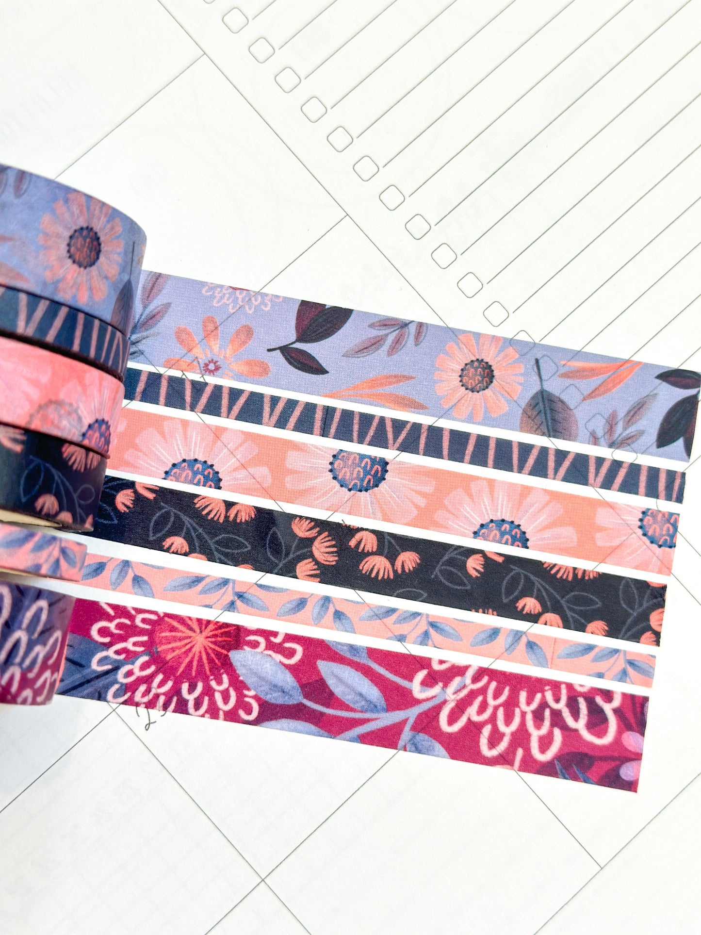 Periwinkle Pink Navy Coral Floral Modern Flowers Washi Tape Set February 2024 - W101