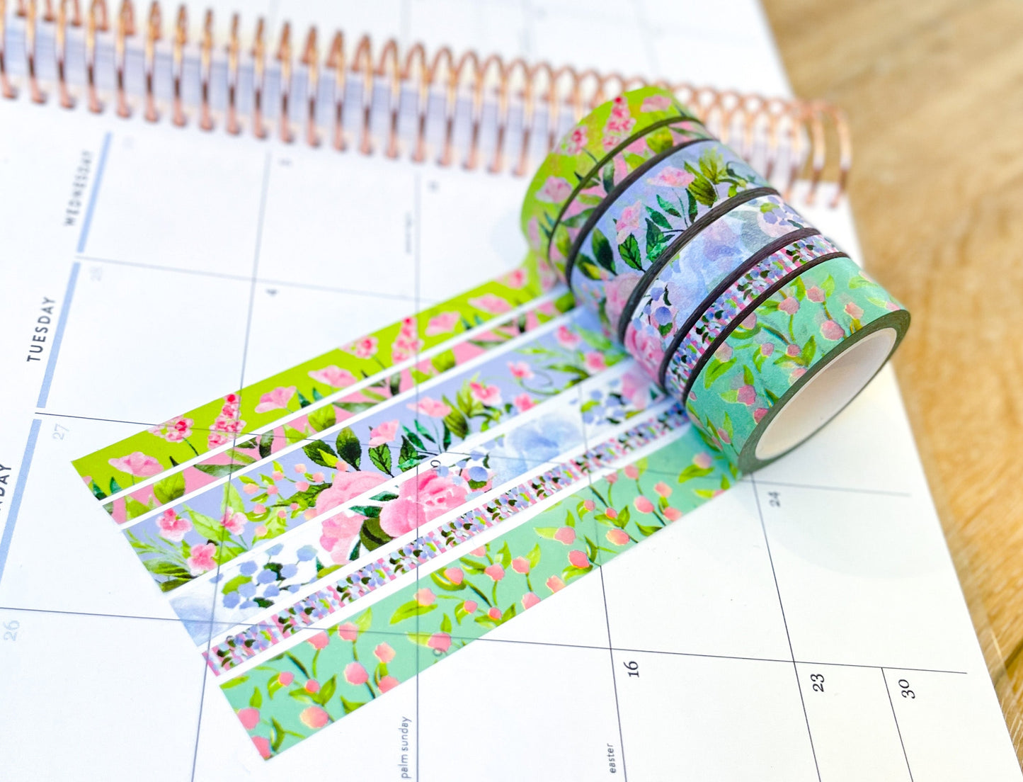 Mint Green Pink Floral Tulips Flowers Spring Washi Tape Set (#W081)