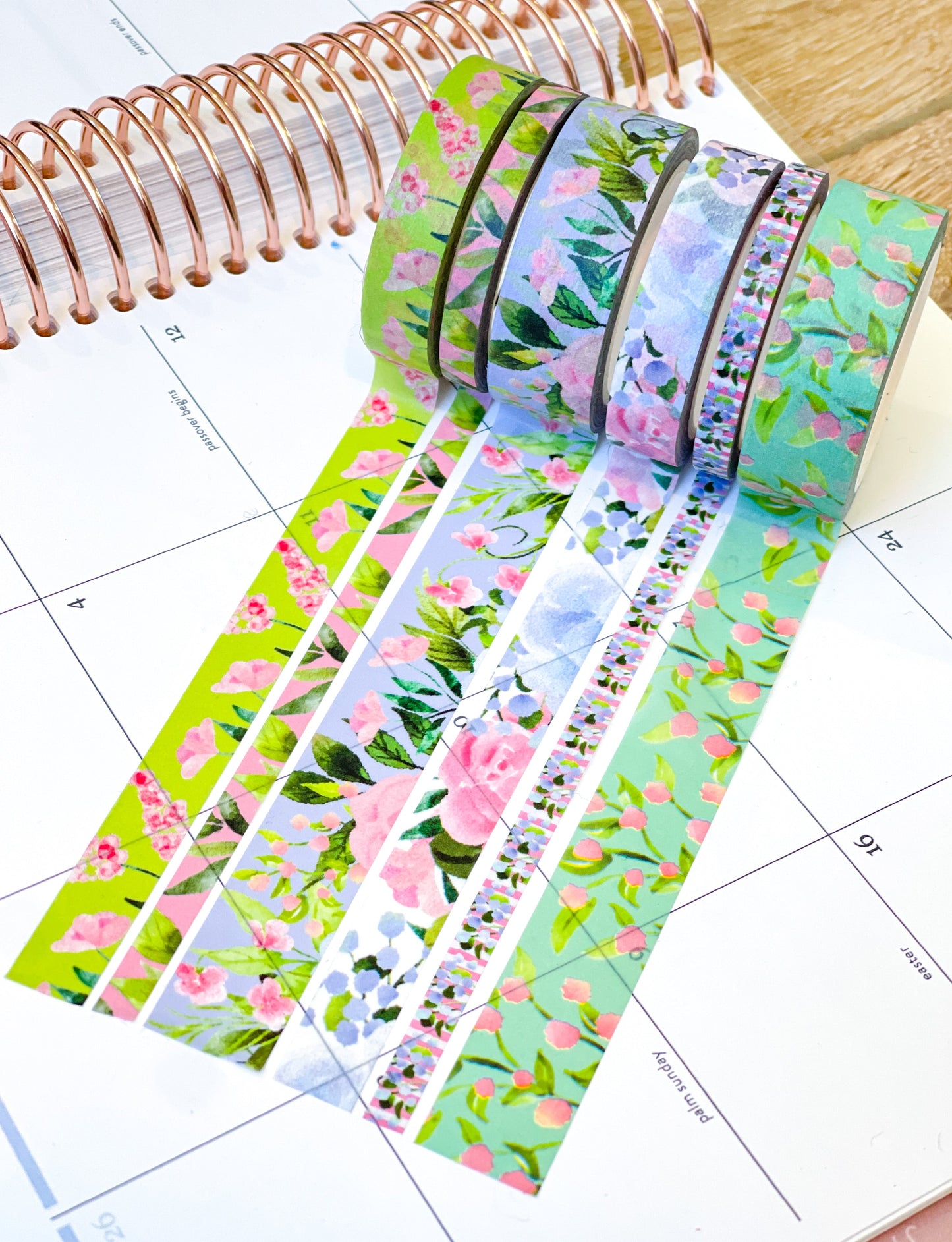 Mint Green Pink Floral Tulips Flowers Spring Washi Tape Set (#W081)
