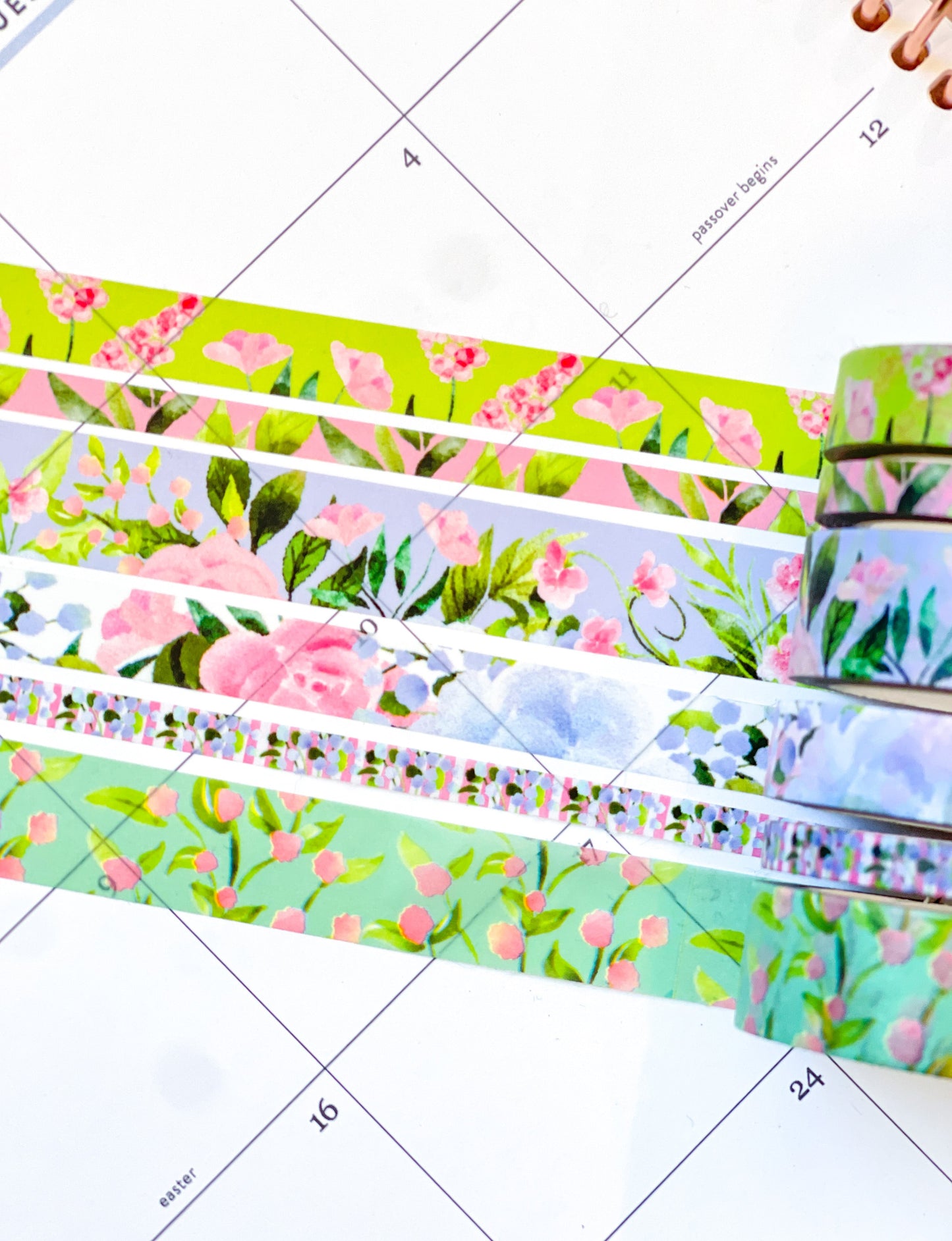 Mint Green Pink Floral Tulips Flowers Spring Washi Tape Set (#W081)