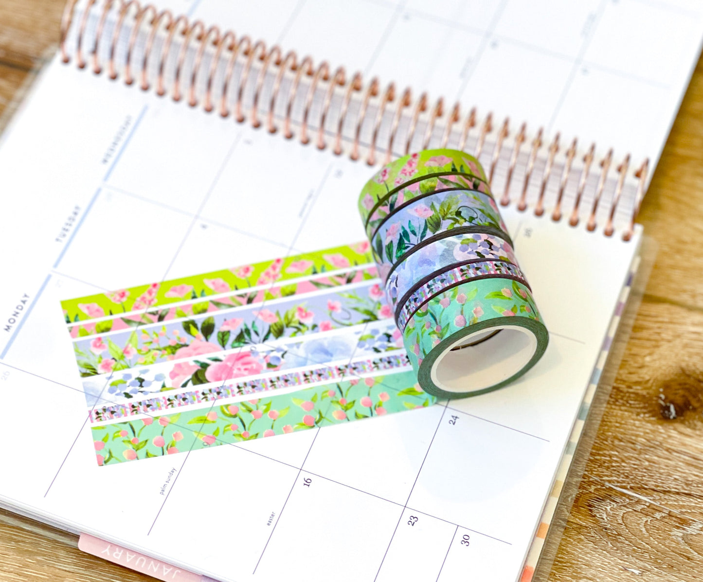 Mint Green Pink Floral Tulips Flowers Spring Washi Tape Set (#W081)