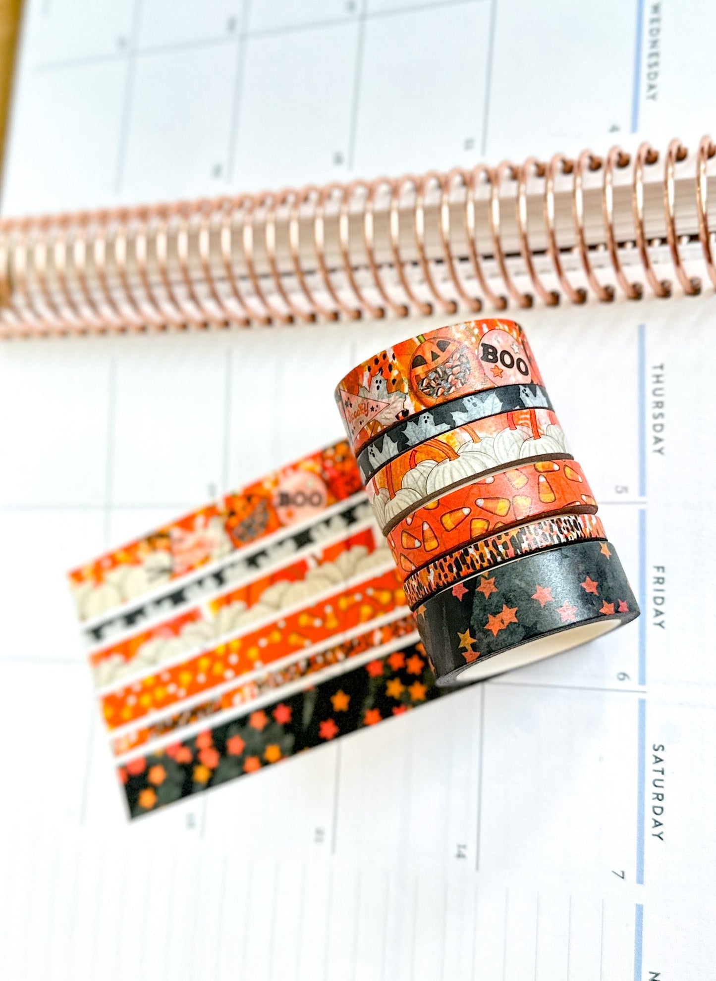 Halloween Spooky Ghosts Pumpkins Candy Corn Trick or Treating Stars Black Orange Washi Tape Set - W093
