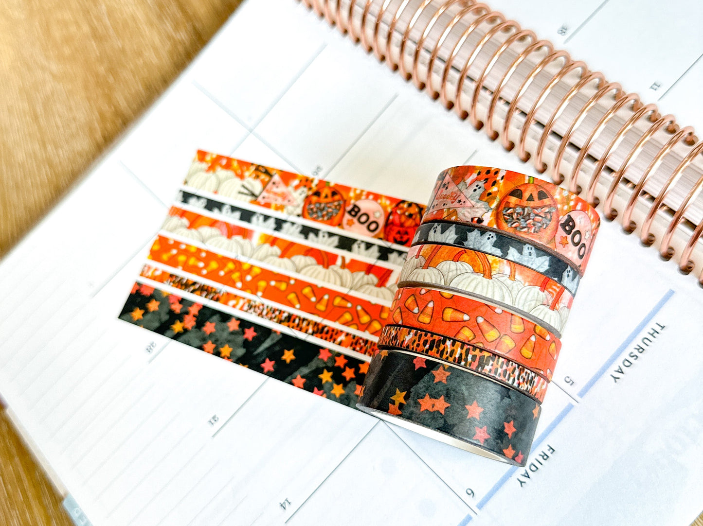 Halloween Spooky Ghosts Pumpkins Candy Corn Trick or Treating Stars Black Orange Washi Tape Set - W093