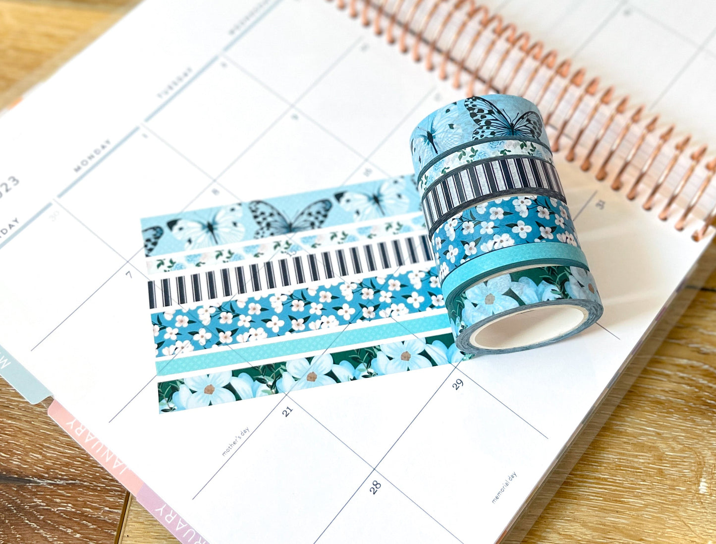 Light Blue Butterflies Navy Stripes Flowers Spring Washi Tape Set (#W082)