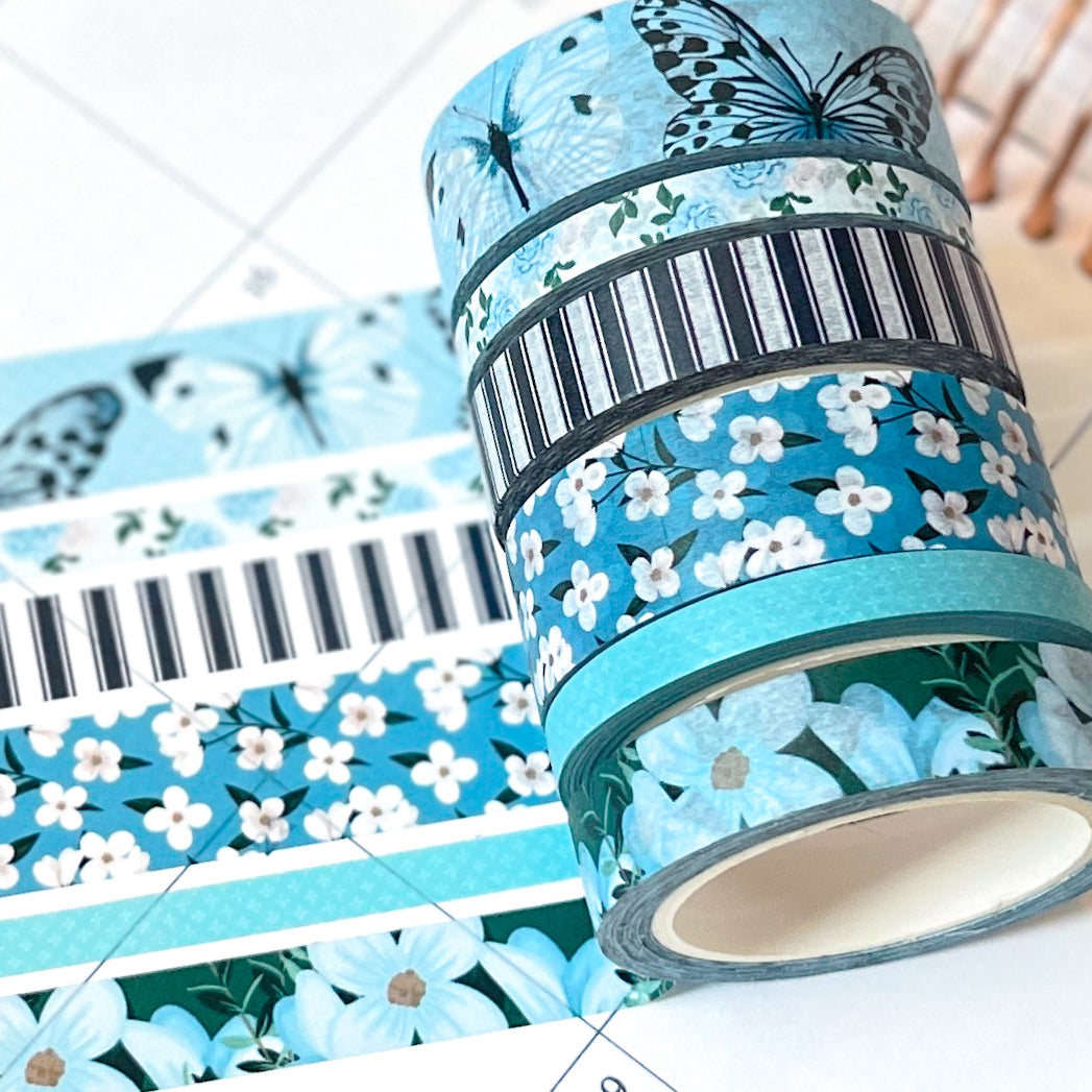 Light Blue Butterflies Navy Stripes Flowers Spring Washi Tape Set (#W082)