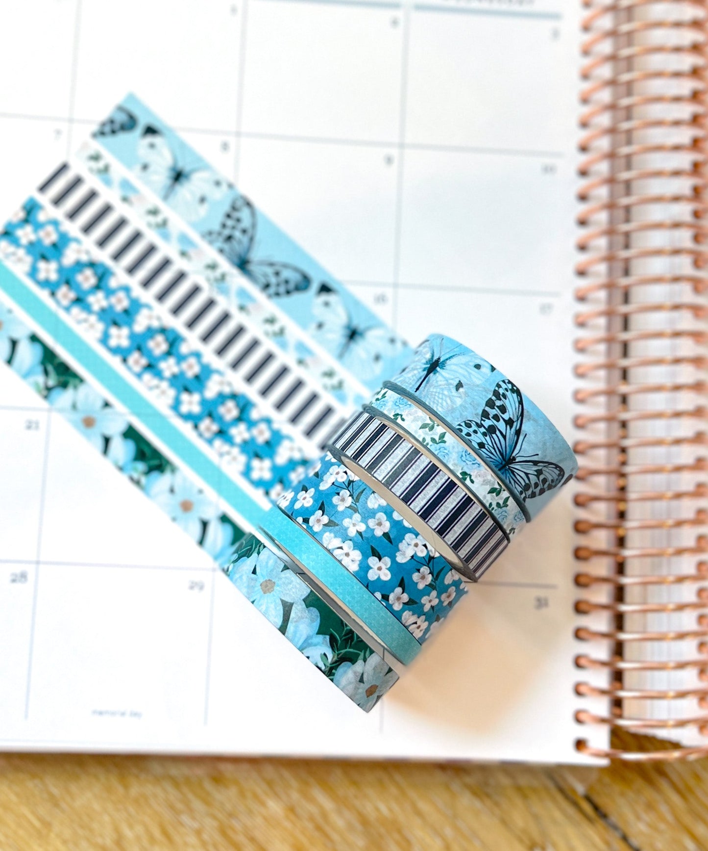 Light Blue Butterflies Navy Stripes Flowers Spring Washi Tape Set (#W082)