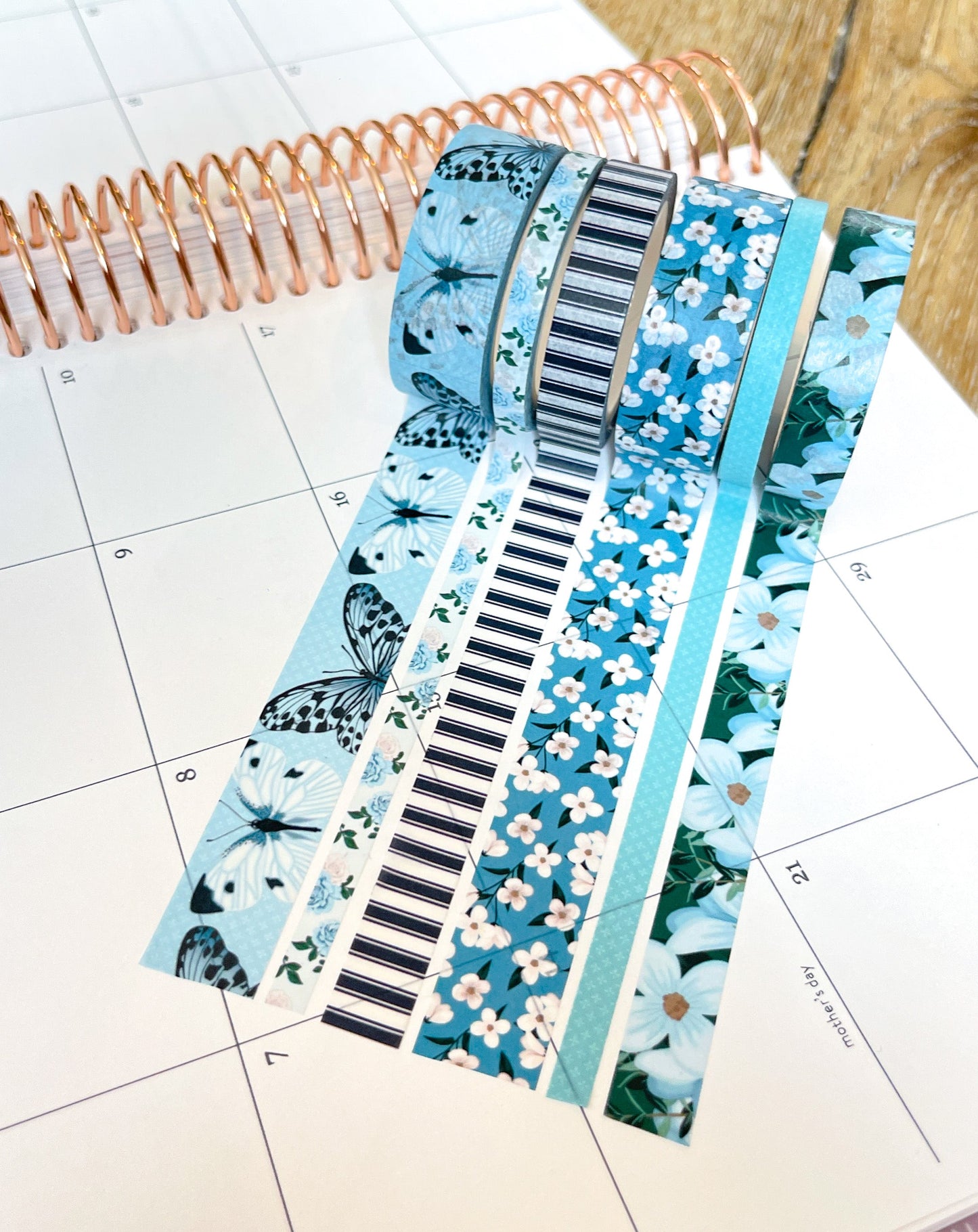 Light Blue Butterflies Navy Stripes Flowers Spring Washi Tape Set (#W082)