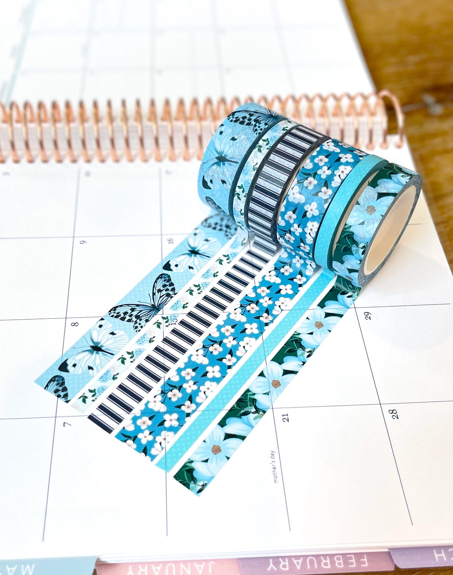 Light Blue Butterflies Navy Stripes Flowers Spring Washi Tape Set (#W082)
