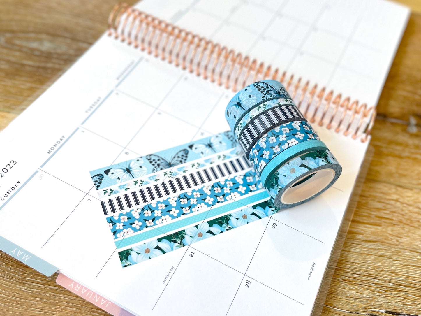 Light Blue Butterflies Navy Stripes Flowers Spring Washi Tape Set (#W082)