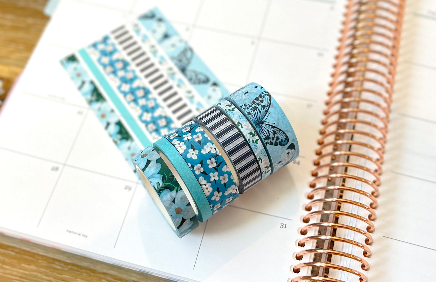 Light Blue Butterflies Navy Stripes Flowers Spring Washi Tape Set (#W082)